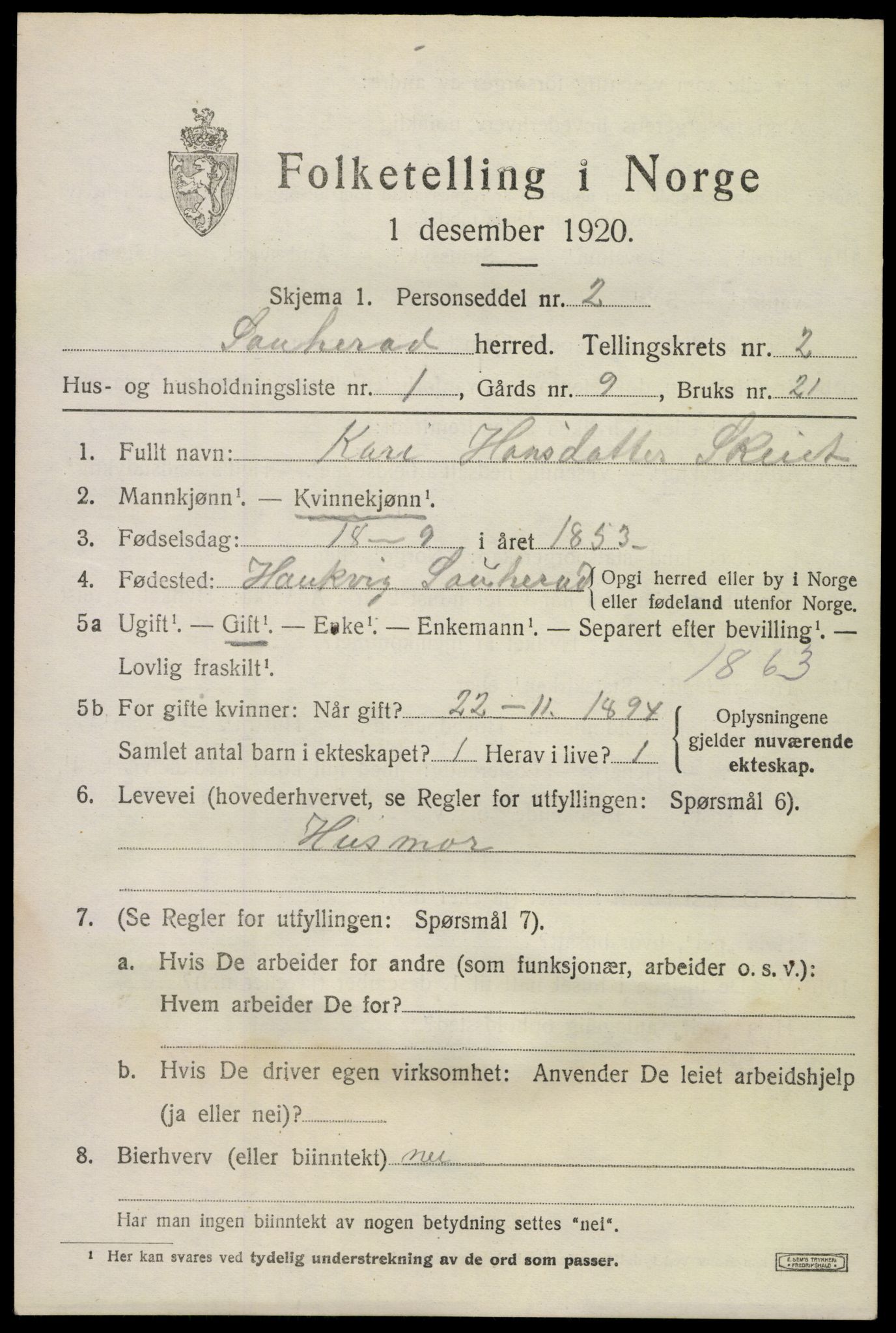 SAKO, 1920 census for Sauherad, 1920, p. 2313