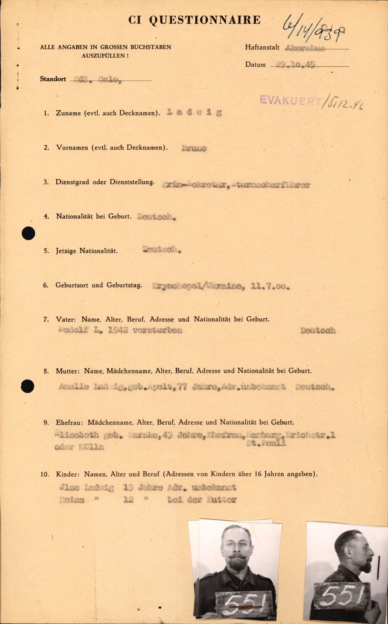 Forsvaret, Forsvarets overkommando II, AV/RA-RAFA-3915/D/Db/L0019: CI Questionaires. Tyske okkupasjonsstyrker i Norge. Tyskere., 1945-1946, p. 323