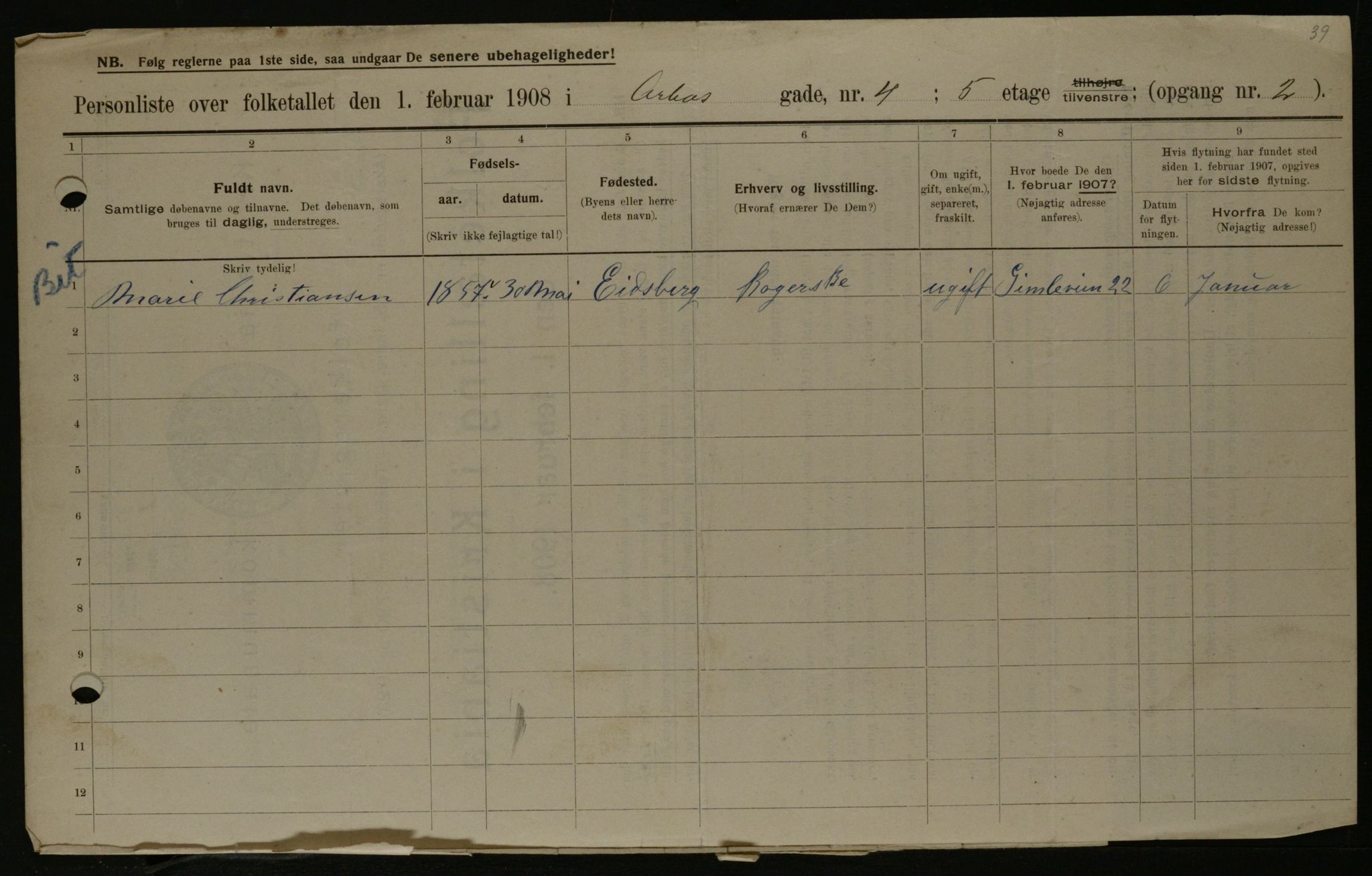 OBA, Municipal Census 1908 for Kristiania, 1908, p. 2116