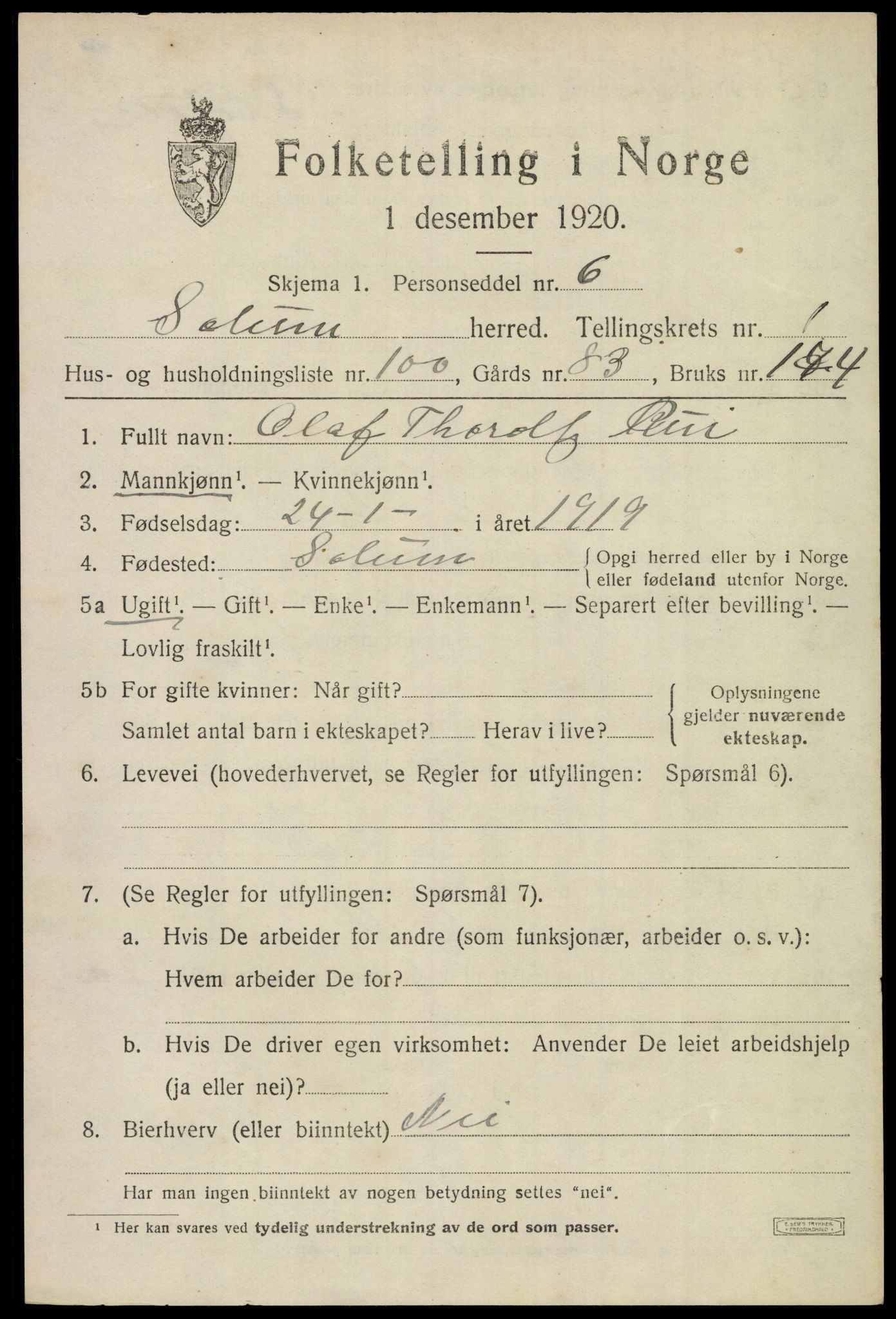 SAKO, 1920 census for Solum, 1920, p. 4030