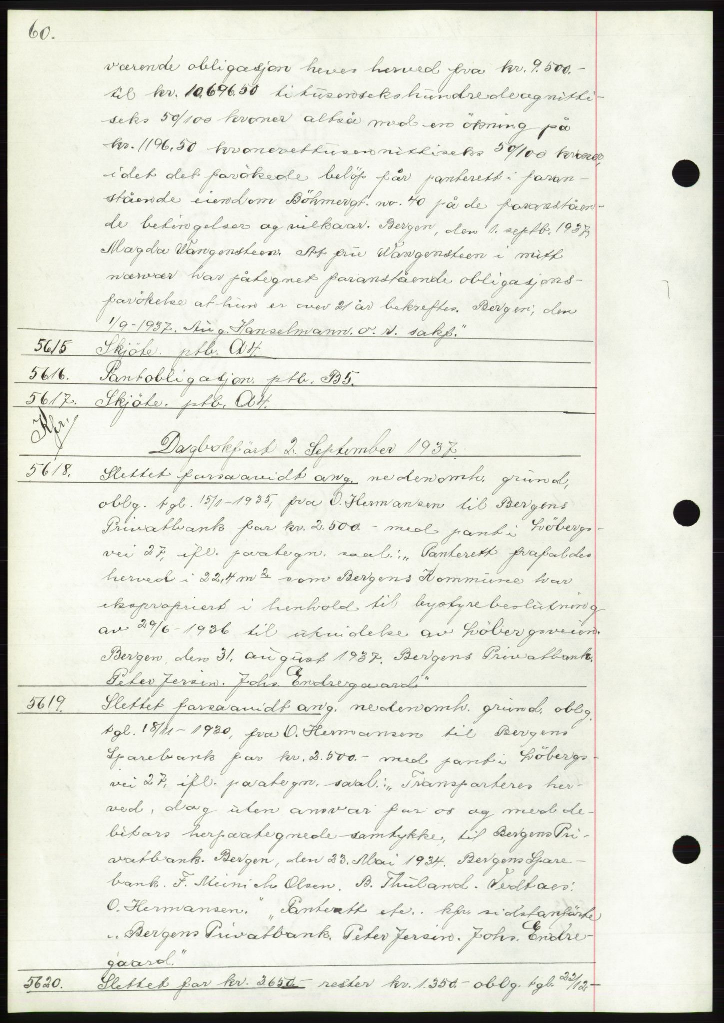 Byfogd og Byskriver i Bergen, AV/SAB-A-3401/03: Mortgage book no. C 5, 1937-1937, Diary no: : 5615/1937
