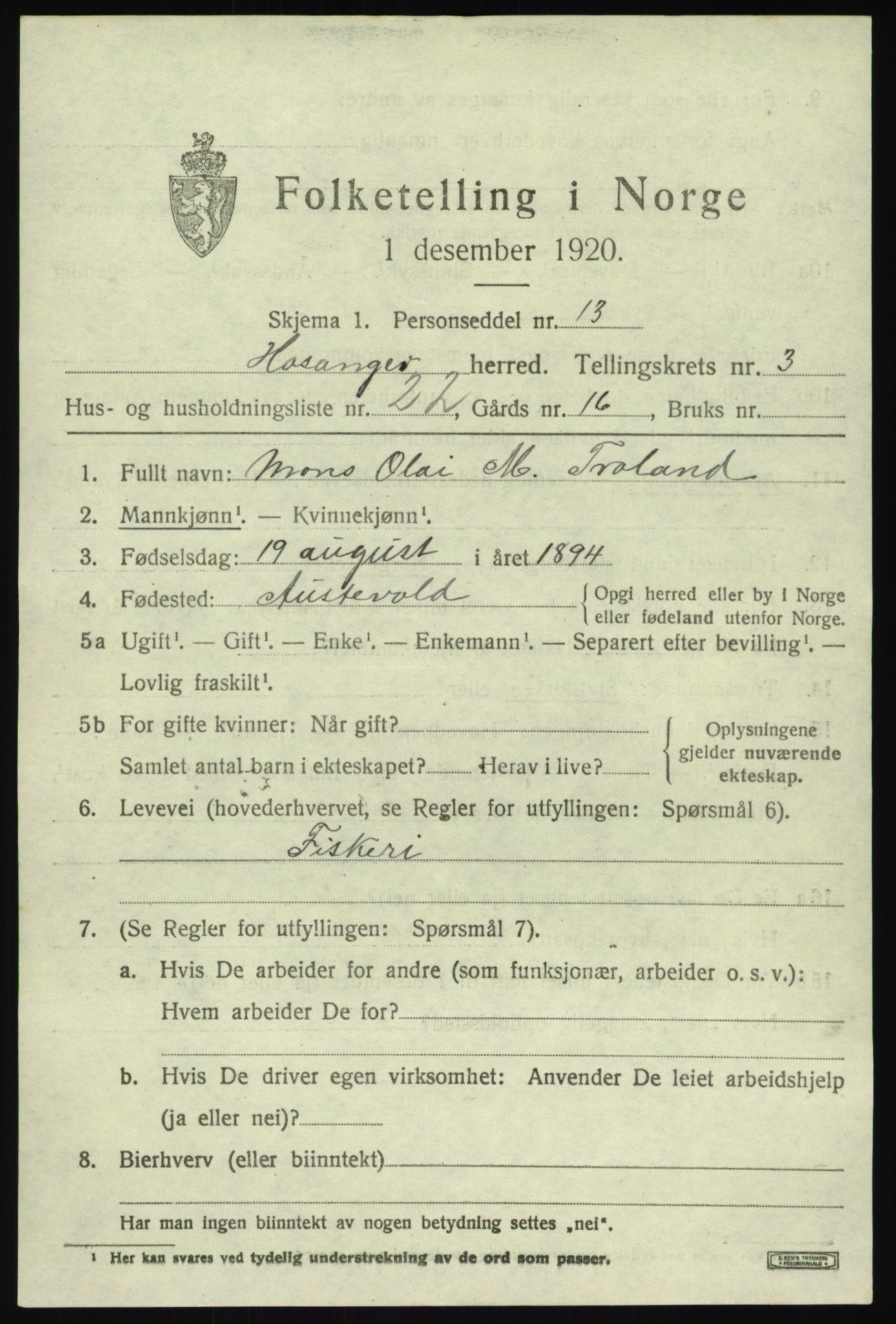 SAB, 1920 census for Hosanger, 1920, p. 1897