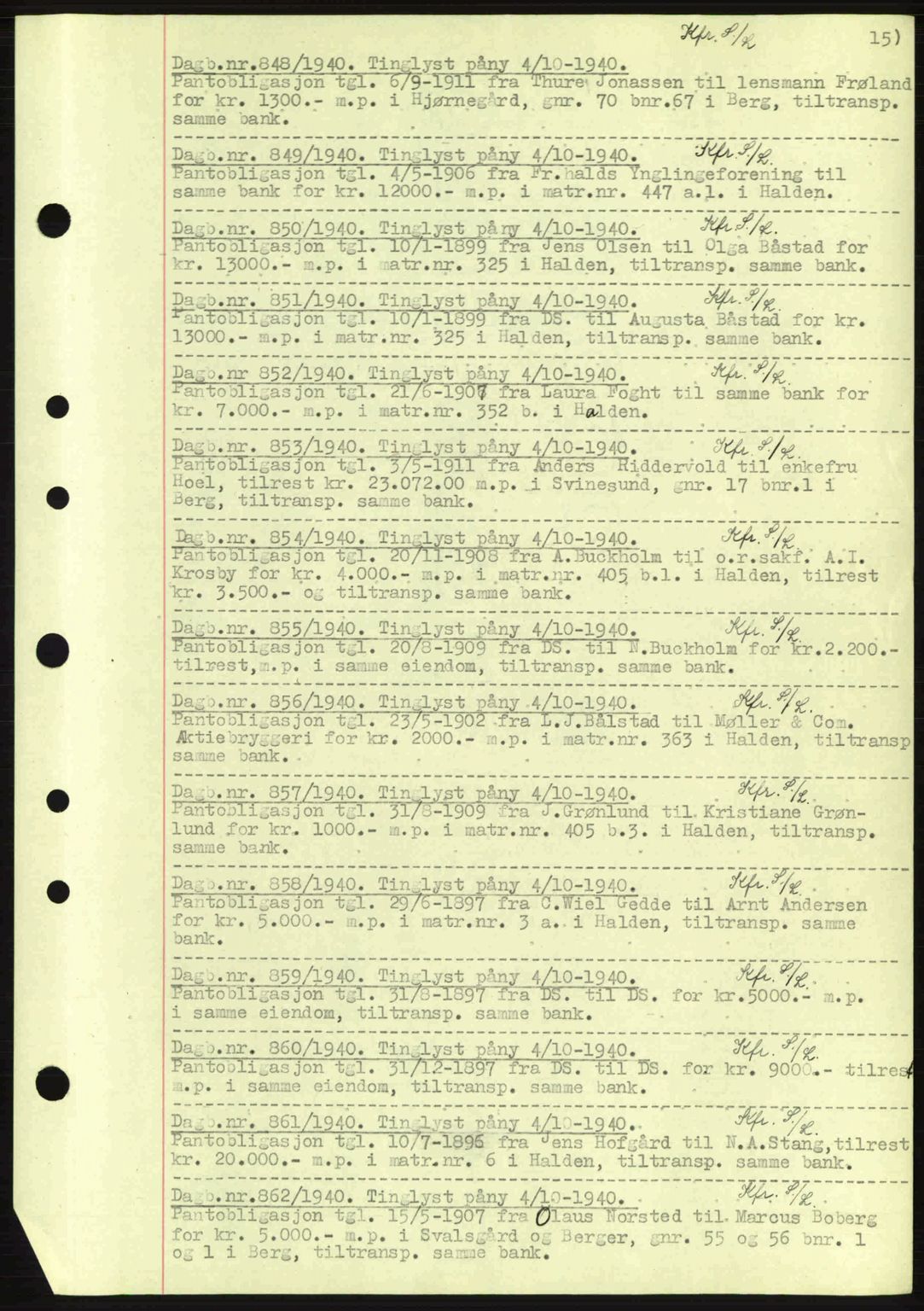 Idd og Marker sorenskriveri, AV/SAO-A-10283/G/Gb/Gbc/L0002: Mortgage book no. B4-9a, 1939-1945, Diary no: : 848/1940