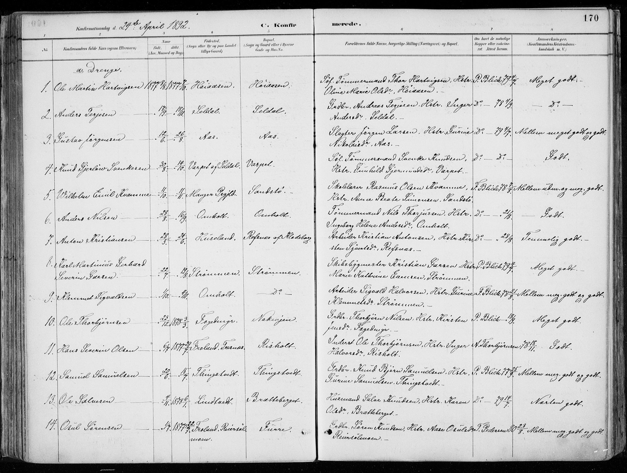 Øyestad sokneprestkontor, SAK/1111-0049/F/Fa/L0017: Parish register (official) no. A 17, 1887-1896, p. 170