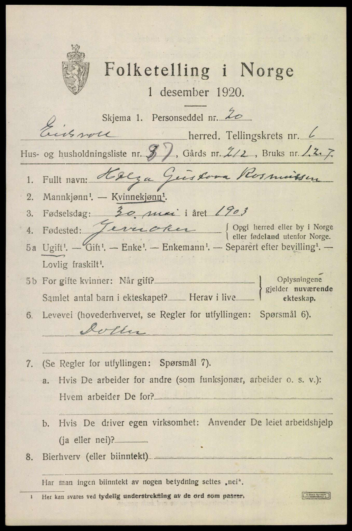 SAO, 1920 census for Eidsvoll, 1920, p. 11733