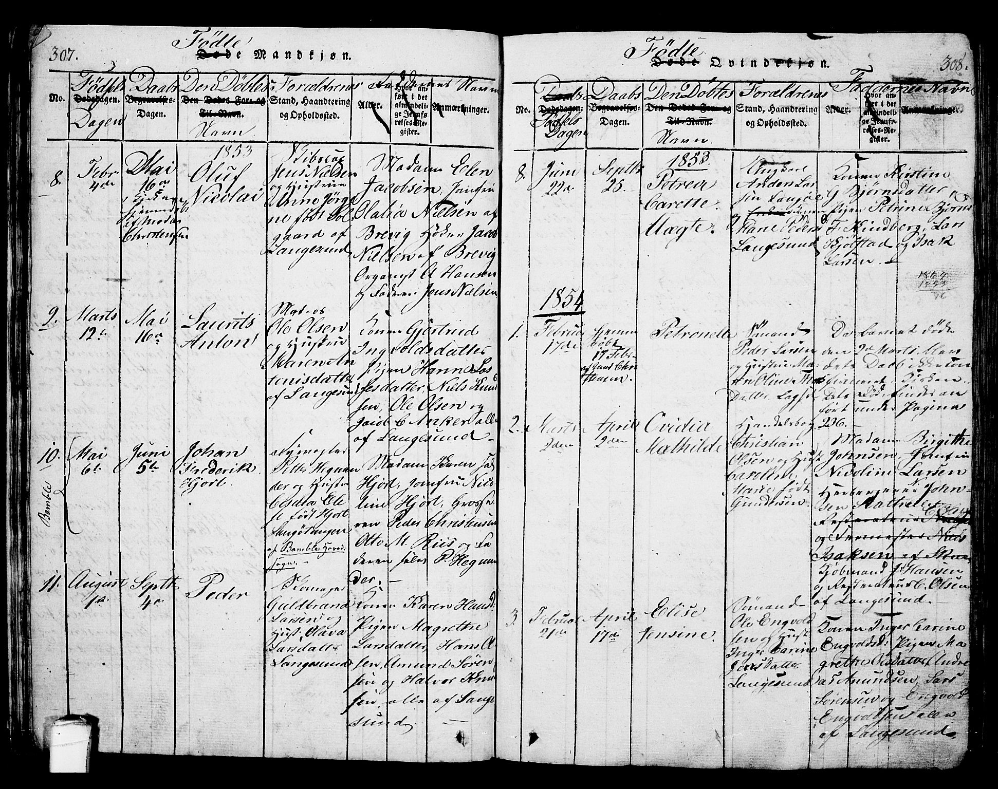 Langesund kirkebøker, SAKO/A-280/G/Ga/L0003: Parish register (copy) no. 3, 1815-1858, p. 307-308