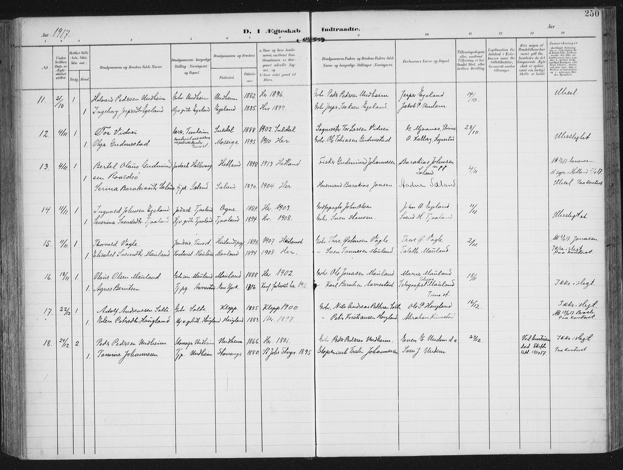 Lye sokneprestkontor, AV/SAST-A-101794/002/A/L0001: Parish register (official) no. A 12, 1904-1920, p. 250