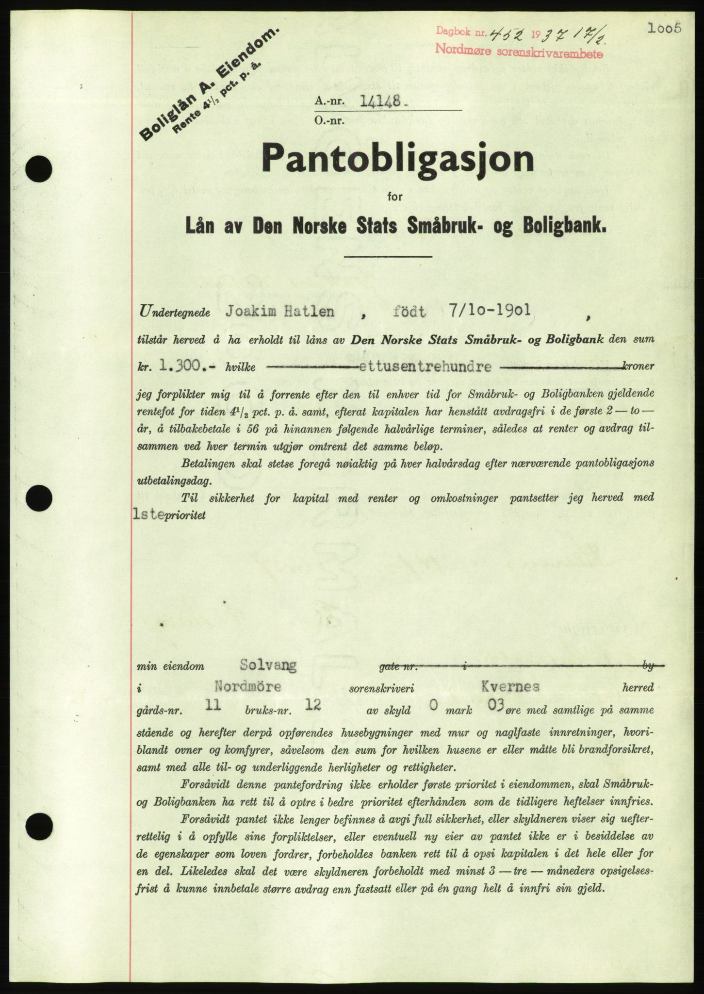 Nordmøre sorenskriveri, AV/SAT-A-4132/1/2/2Ca/L0090: Mortgage book no. B80, 1936-1937, Diary no: : 452/1937