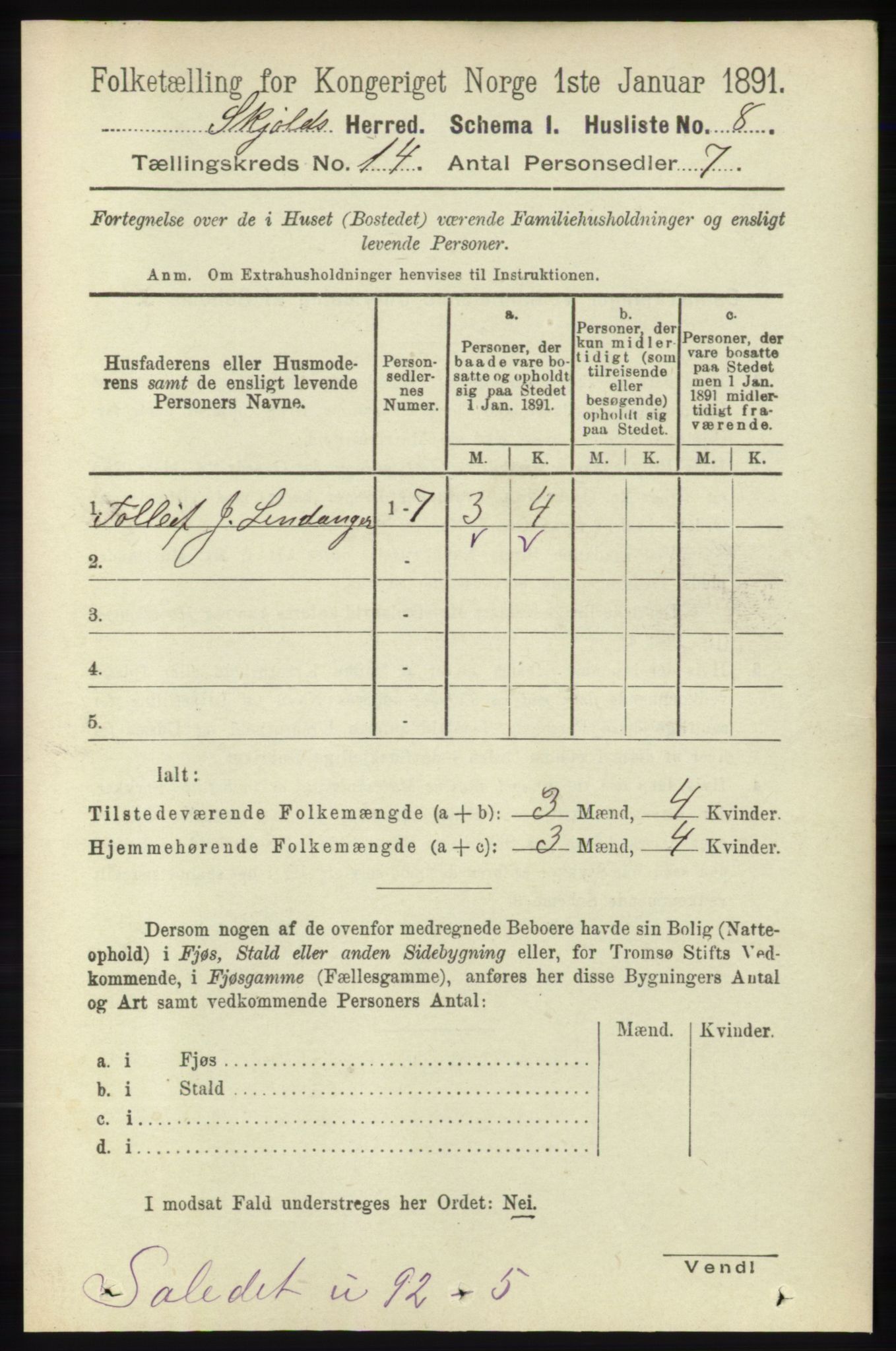 RA, 1891 census for 1154 Skjold, 1891, p. 2536