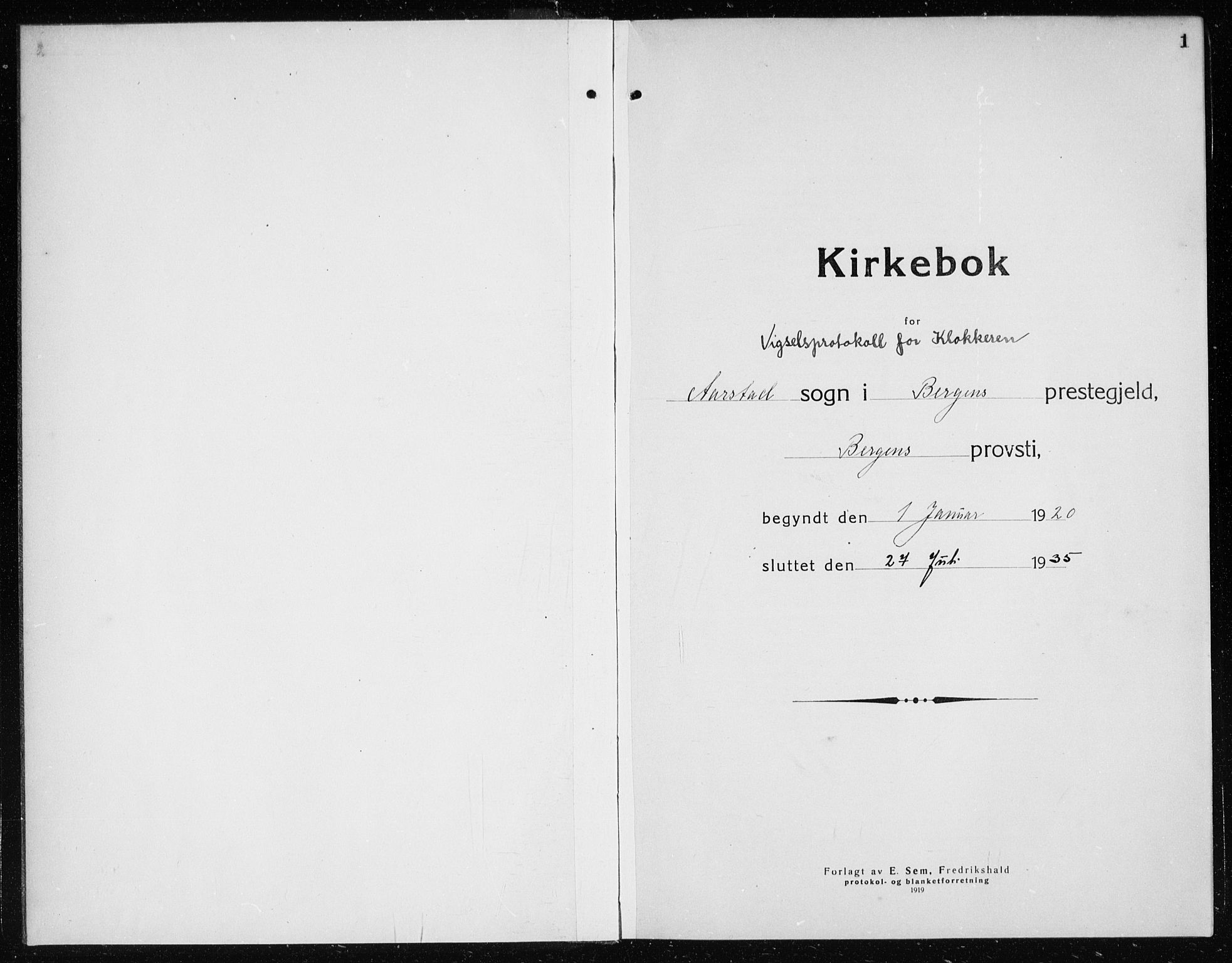 Årstad Sokneprestembete, AV/SAB-A-79301/H/Hab/L0020: Parish register (copy) no. C  2, 1920-1935, p. 1