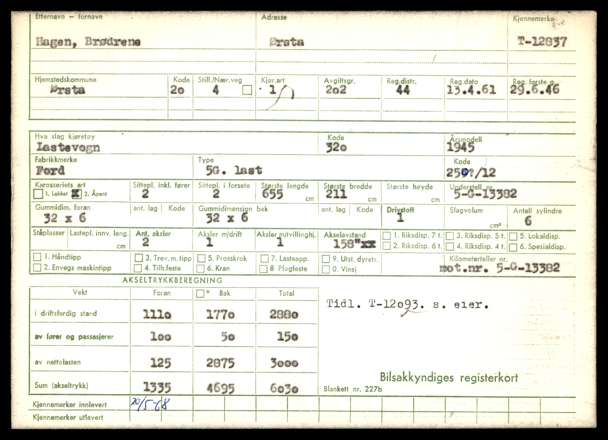 Møre og Romsdal vegkontor - Ålesund trafikkstasjon, AV/SAT-A-4099/F/Fe/L0036: Registreringskort for kjøretøy T 12831 - T 13030, 1927-1998, p. 167