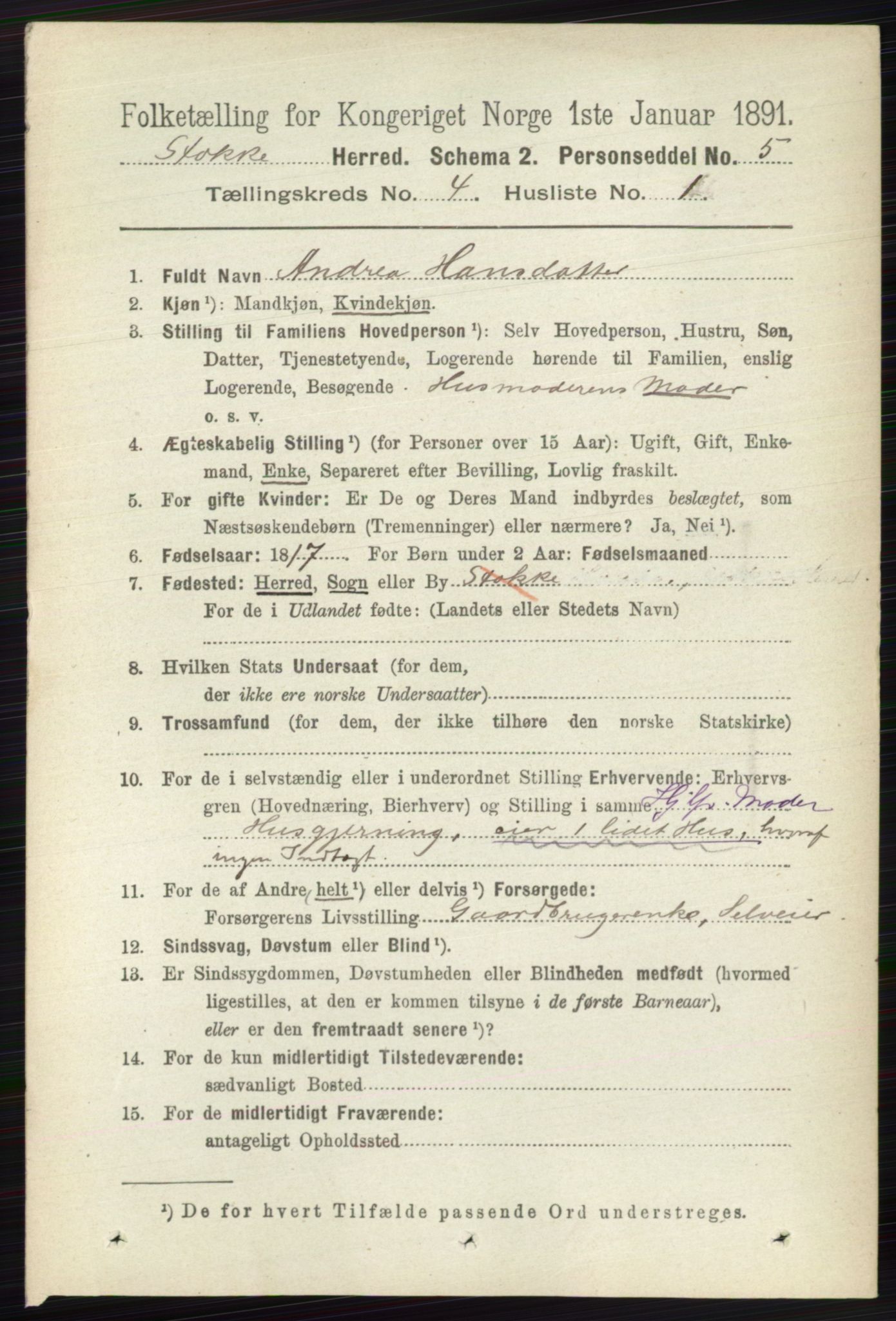 RA, 1891 census for 0720 Stokke, 1891, p. 2446