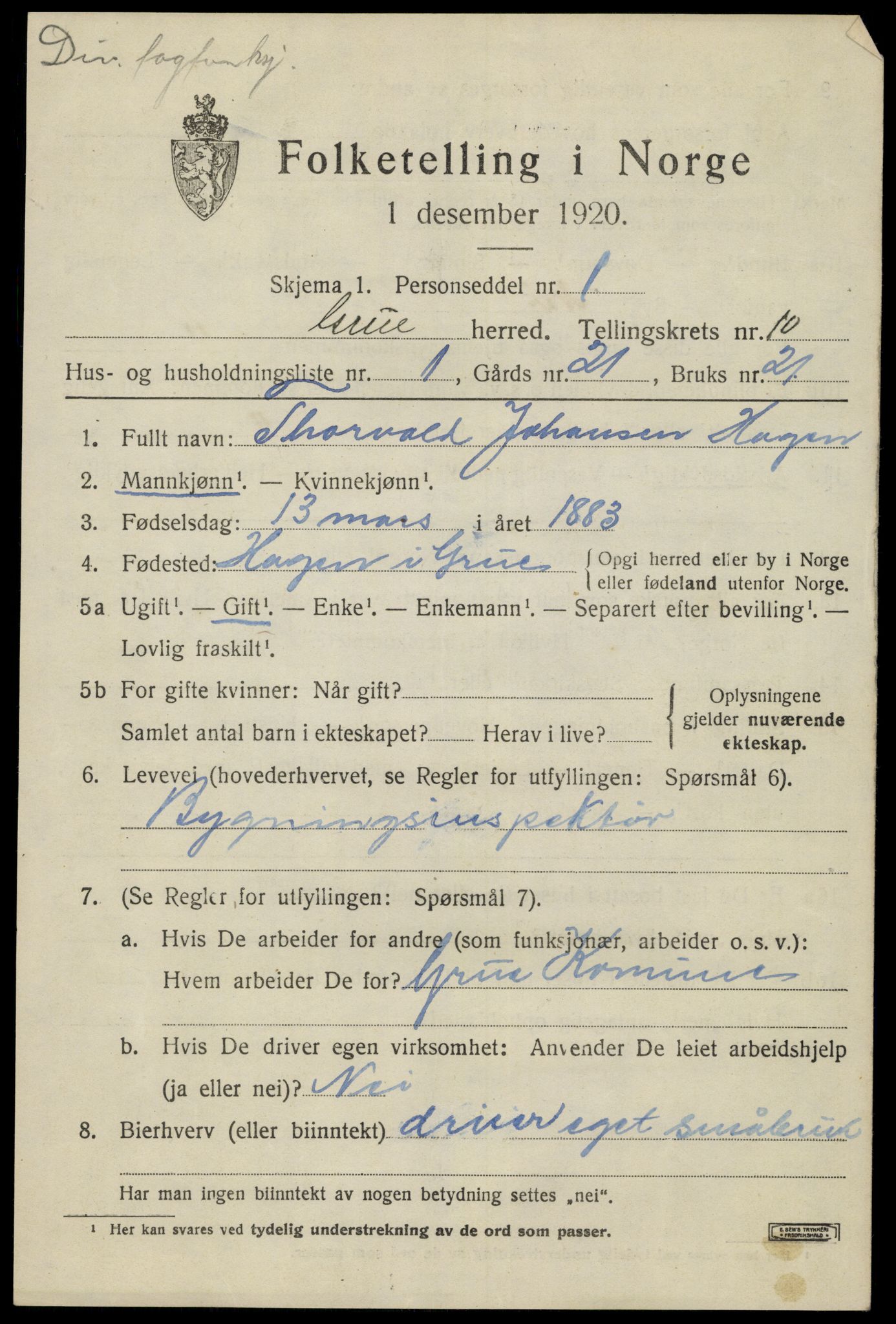 SAH, 1920 census for Grue, 1920, p. 8293