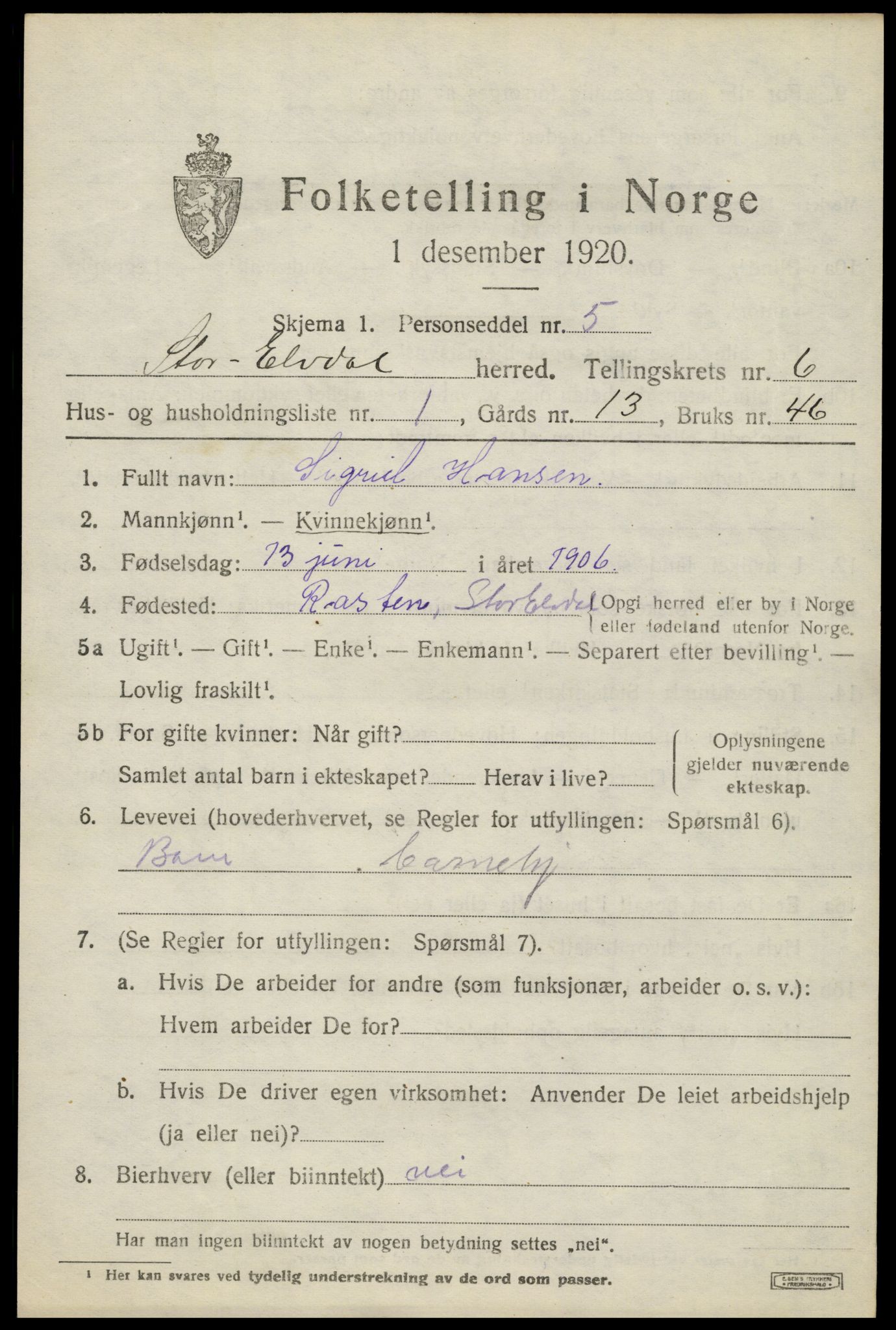 SAH, 1920 census for Stor-Elvdal, 1920, p. 4920