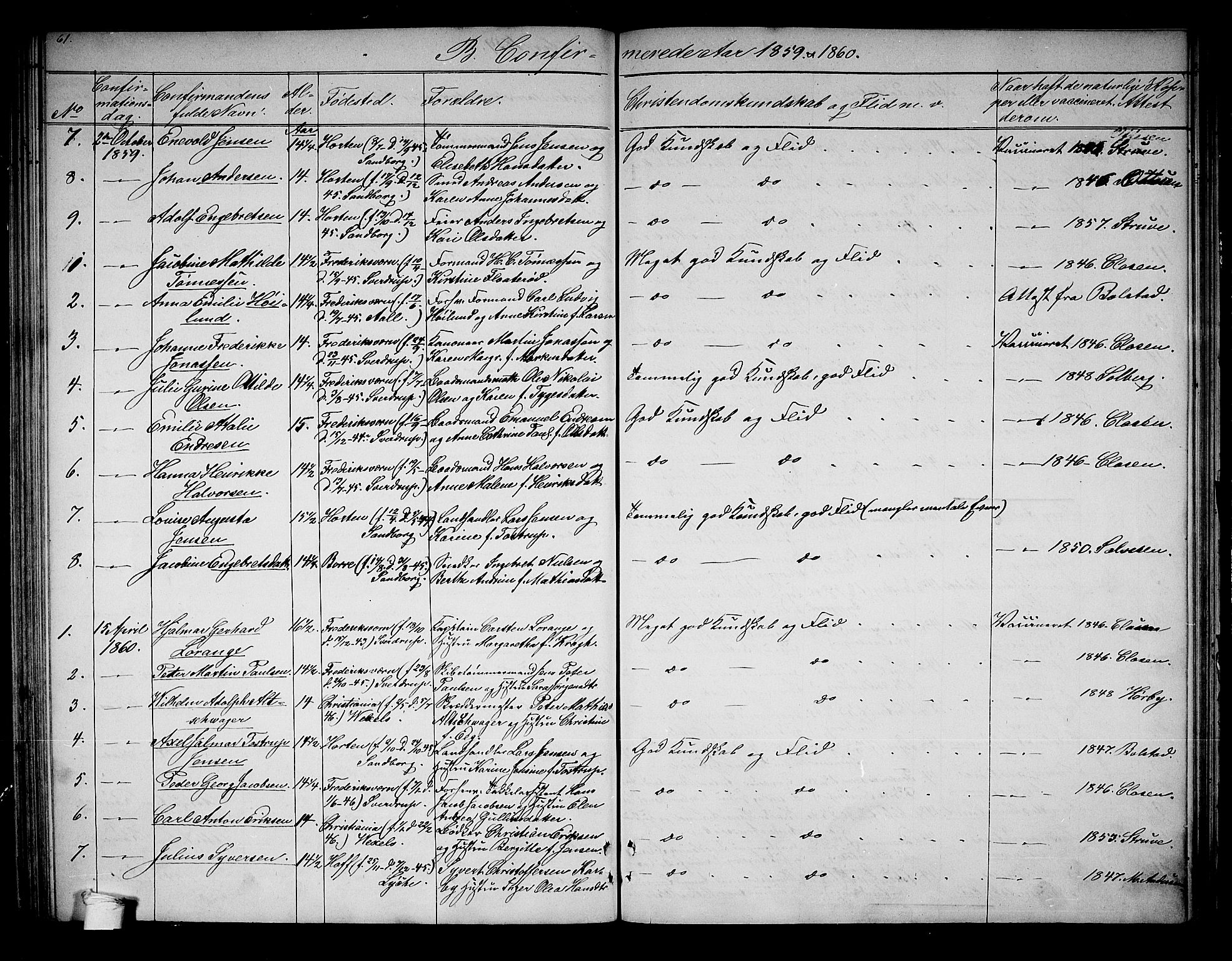 Horten kirkebøker, SAKO/A-348/G/Ga/L0001: Parish register (copy) no. 1, 1855-1863, p. 61