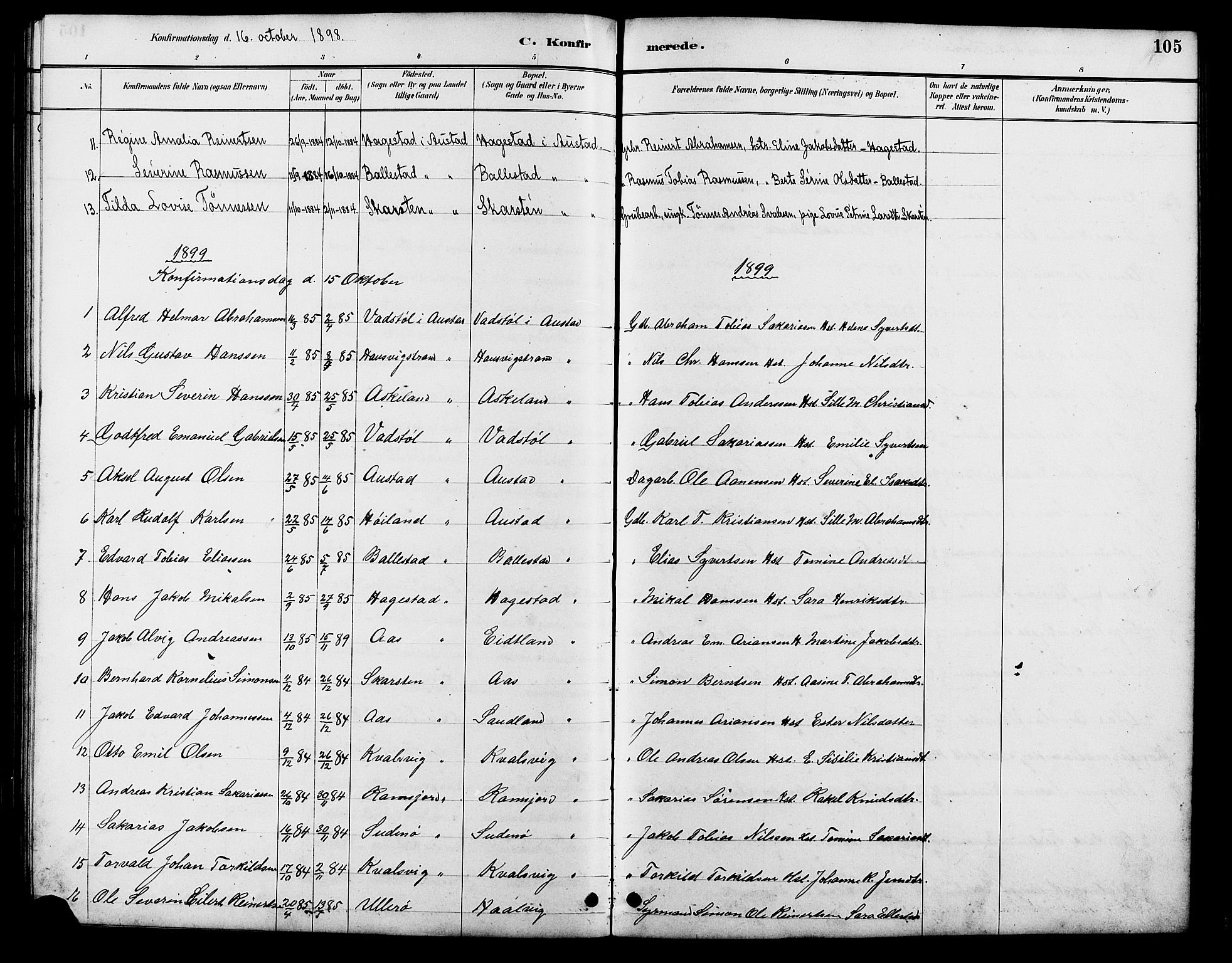 Lyngdal sokneprestkontor, AV/SAK-1111-0029/F/Fb/Fba/L0003: Parish register (copy) no. B 3, 1886-1903, p. 105