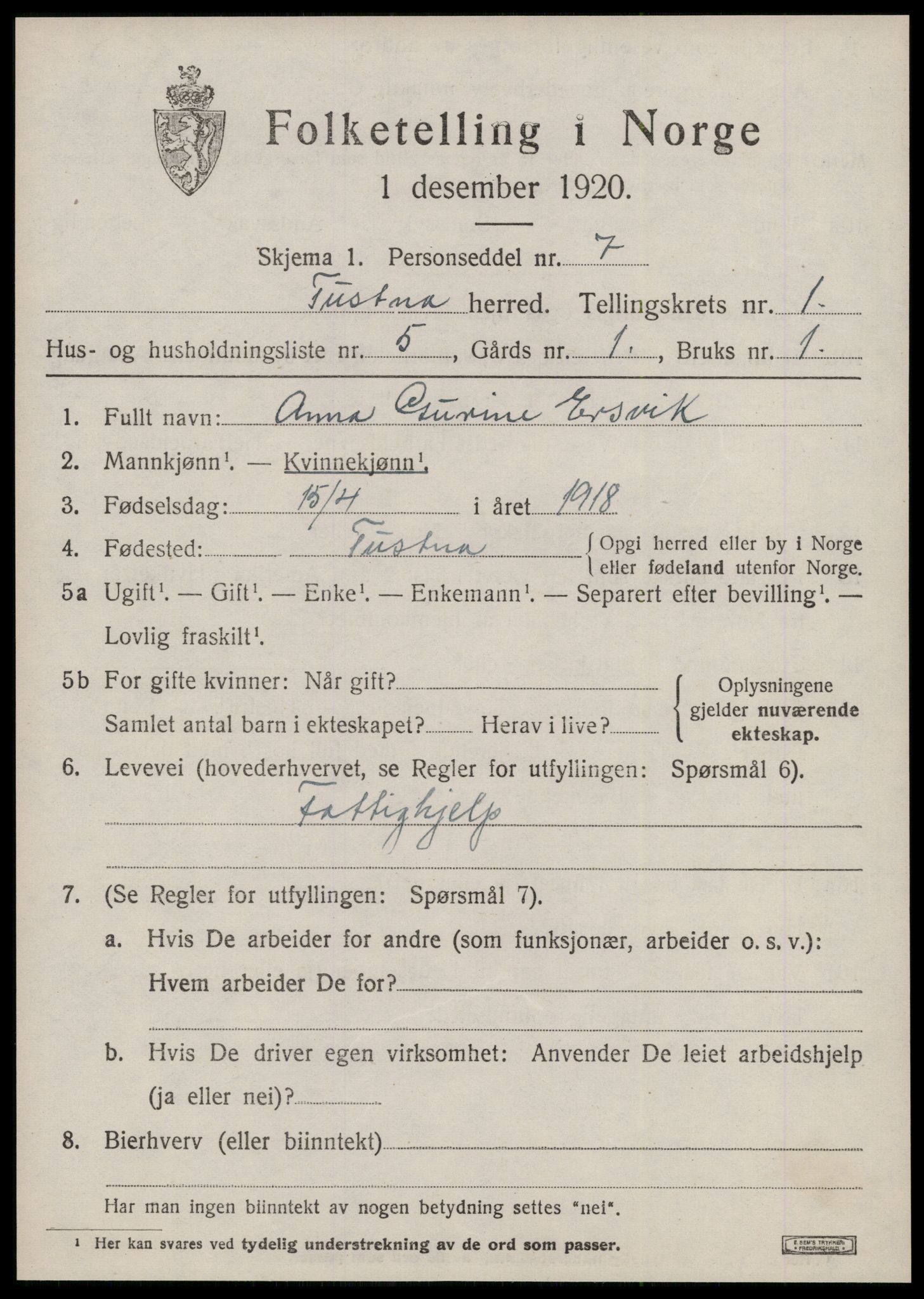 SAT, 1920 census for Tustna, 1920, p. 643