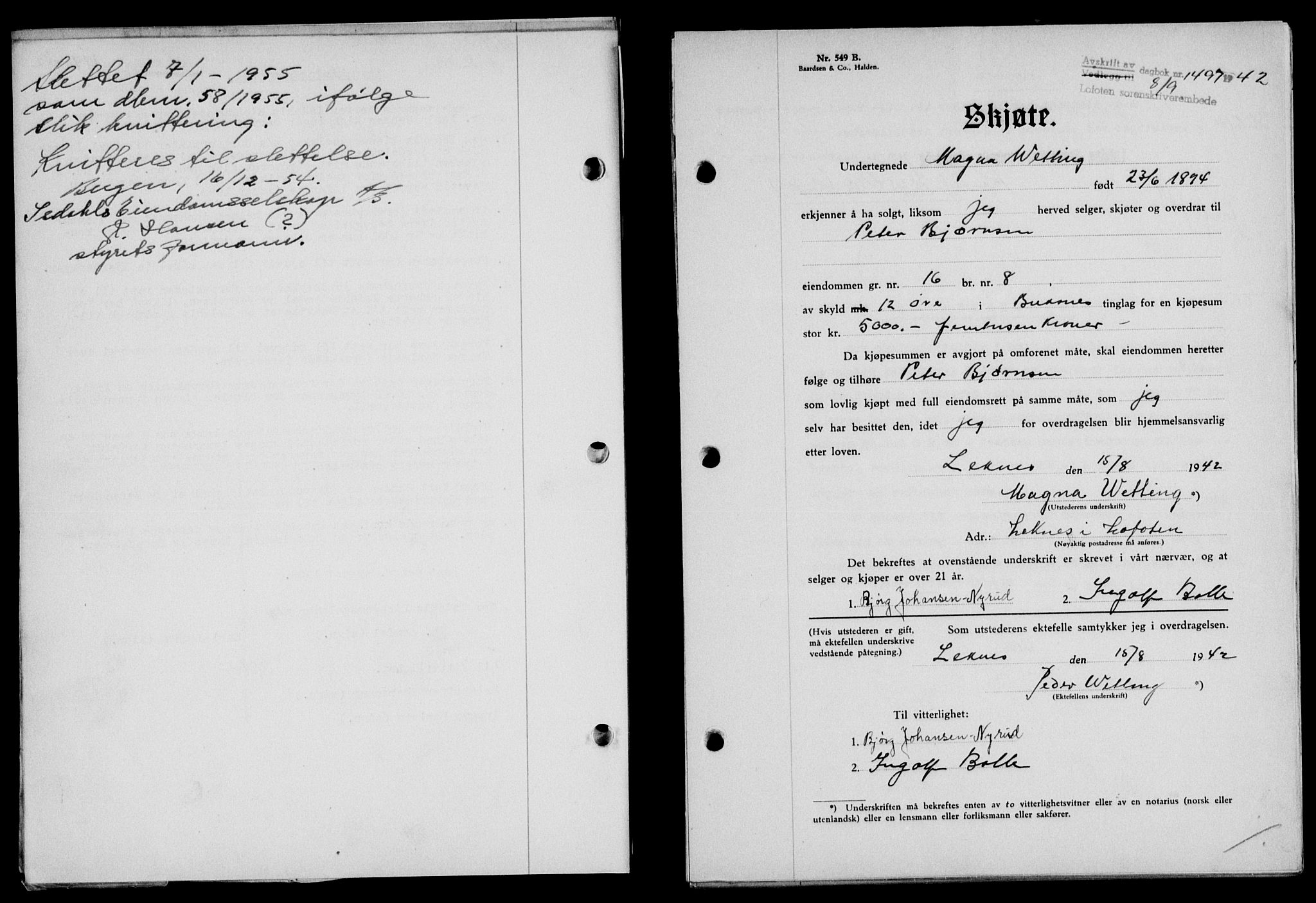 Lofoten sorenskriveri, SAT/A-0017/1/2/2C/L0010a: Mortgage book no. 10a, 1942-1943, Diary no: : 1497/1942