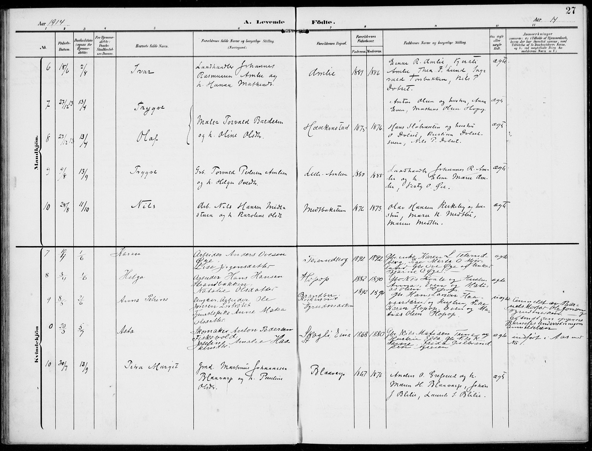 Kolbu prestekontor, AV/SAH-PREST-110/H/Ha/Haa/L0001: Parish register (official) no. 1, 1907-1923, p. 27