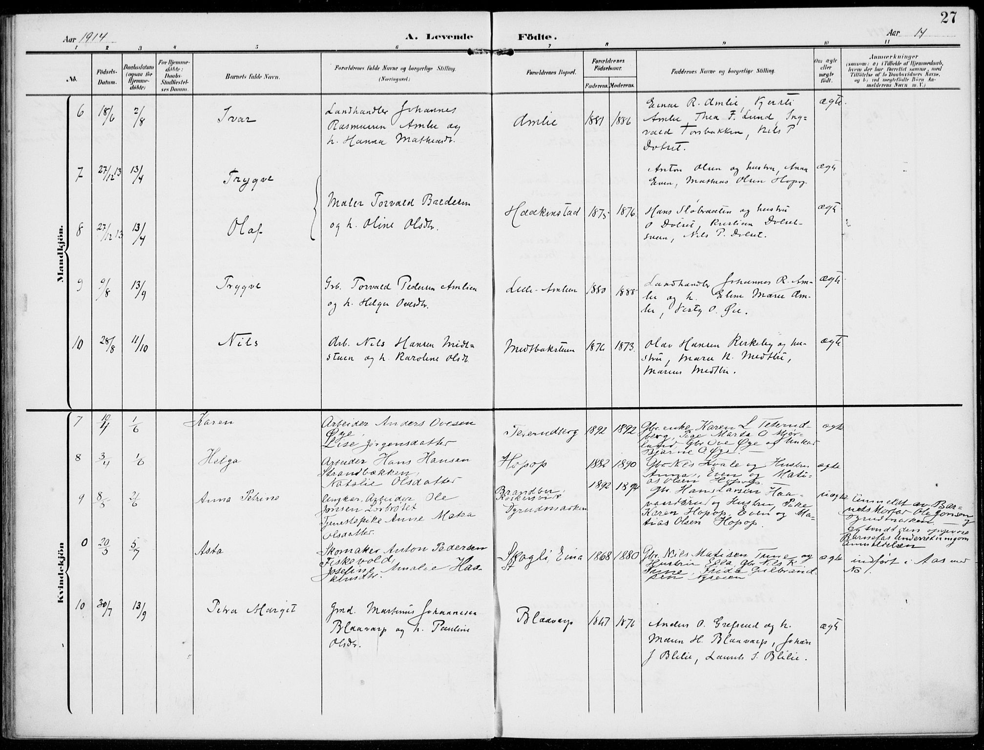 Kolbu prestekontor, SAH/PREST-110/H/Ha/Haa/L0001: Parish register (official) no. 1, 1907-1923, p. 27