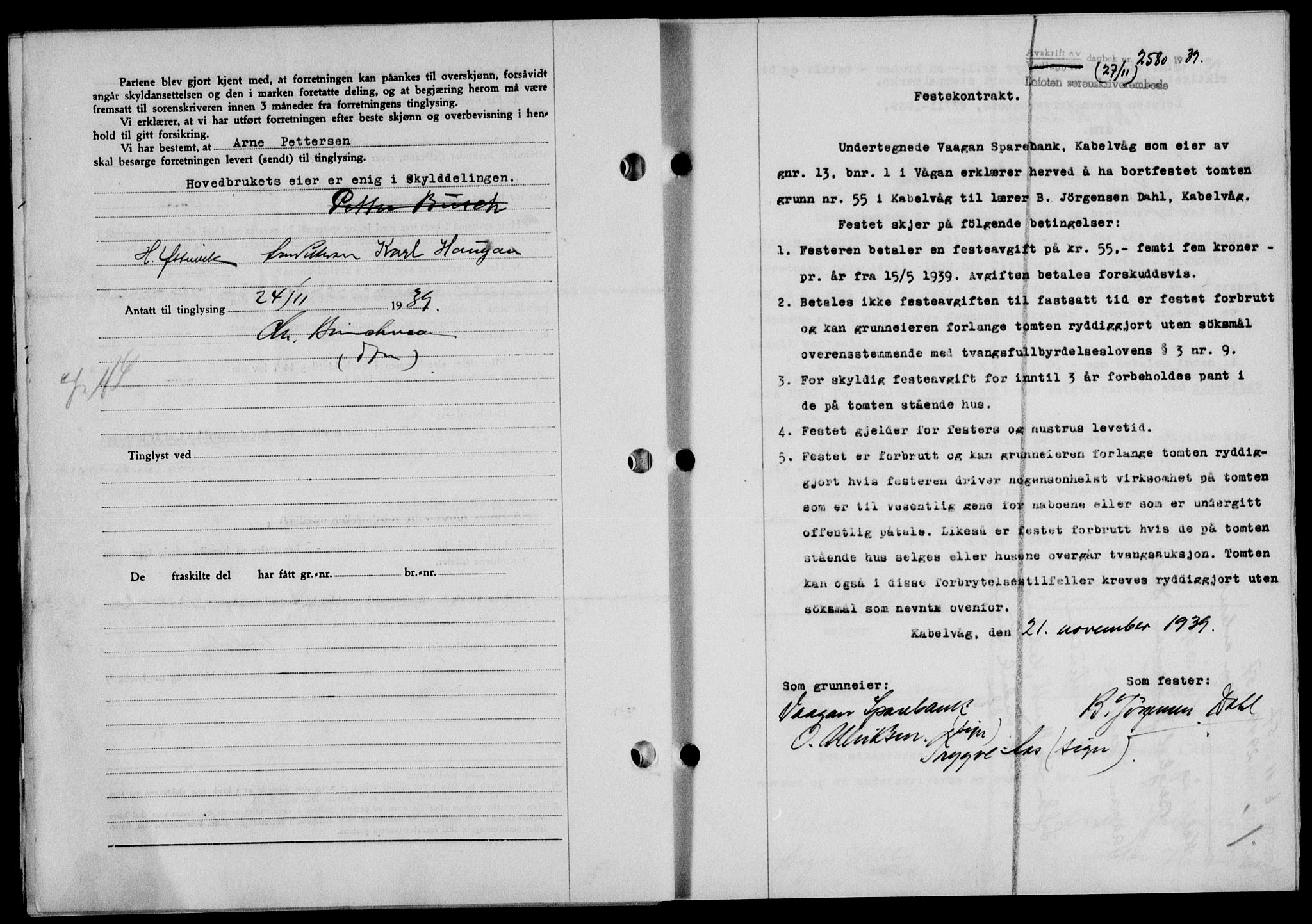 Lofoten sorenskriveri, SAT/A-0017/1/2/2C/L0006a: Mortgage book no. 6a, 1939-1939, Diary no: : 2580/1939