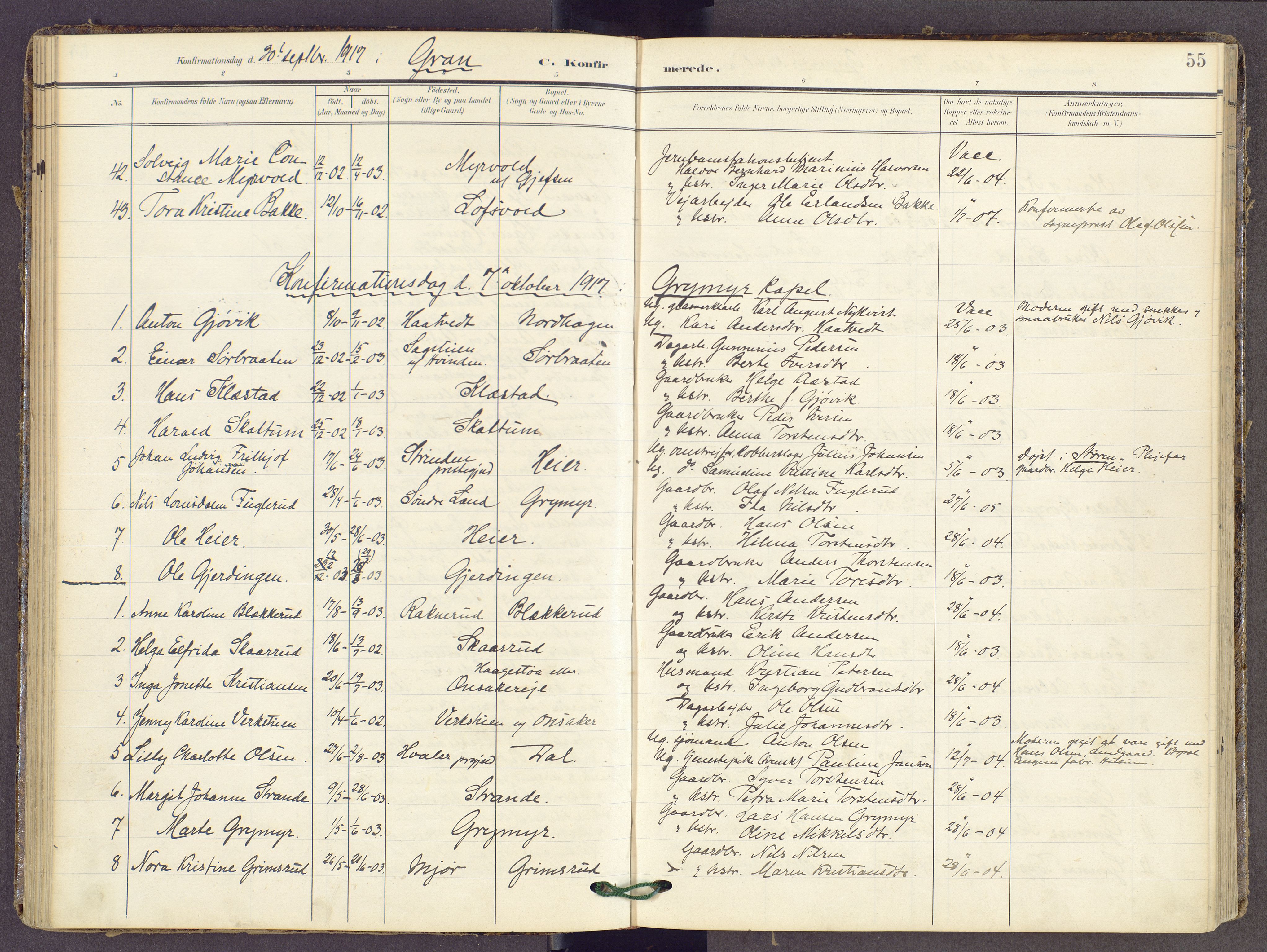 Gran prestekontor, SAH/PREST-112/H/Ha/Haa/L0022: Parish register (official) no. 22, 1908-1918, p. 55