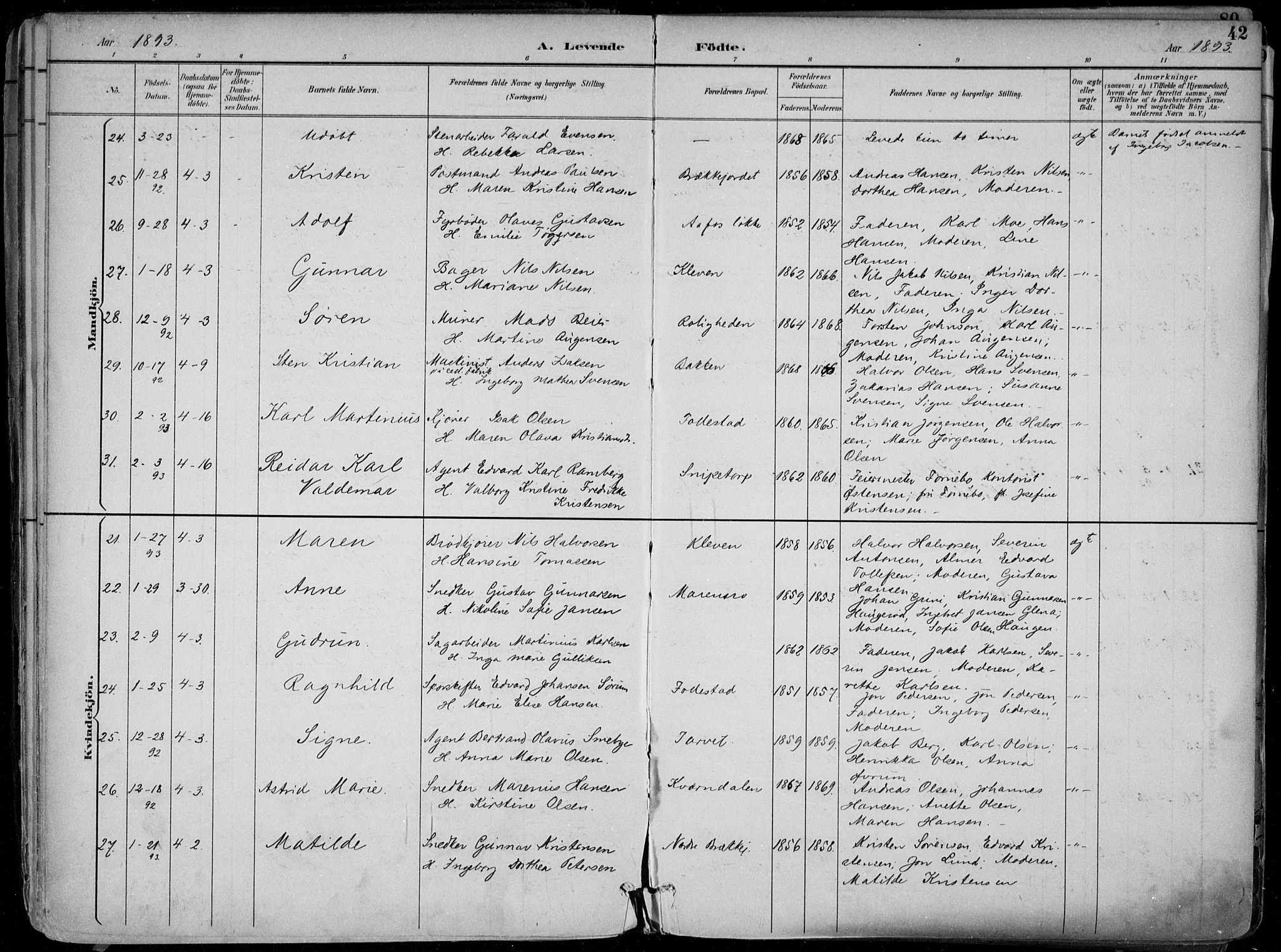 Skien kirkebøker, SAKO/A-302/F/Fa/L0010: Parish register (official) no. 10, 1891-1899, p. 42