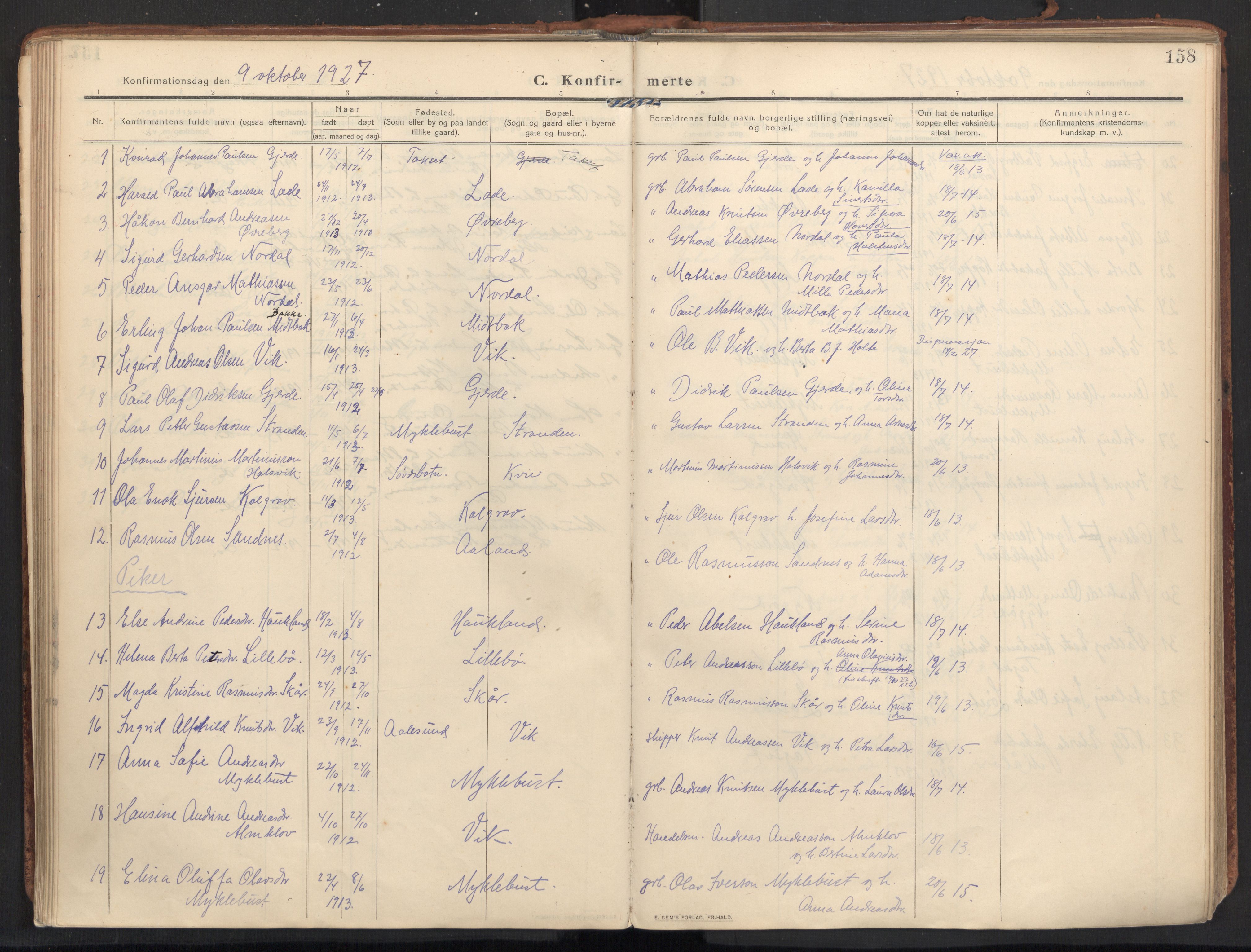 Ministerialprotokoller, klokkerbøker og fødselsregistre - Møre og Romsdal, SAT/A-1454/502/L0026: Parish register (official) no. 502A04, 1909-1933, p. 158