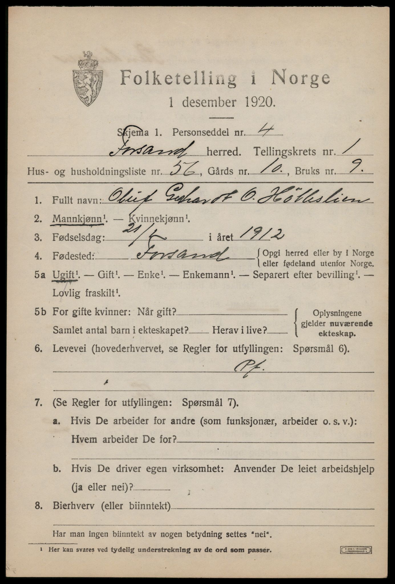 SAST, 1920 census for Forsand, 1920, p. 1213