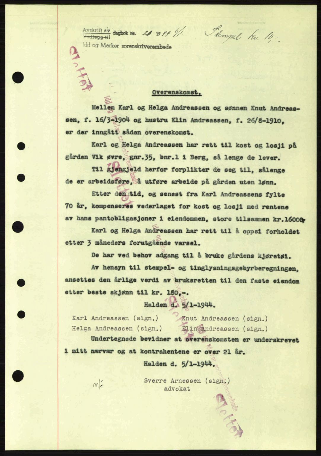 Idd og Marker sorenskriveri, AV/SAO-A-10283/G/Gb/Gbb/L0006: Mortgage book no. A6, 1943-1944, Diary no: : 21/1944
