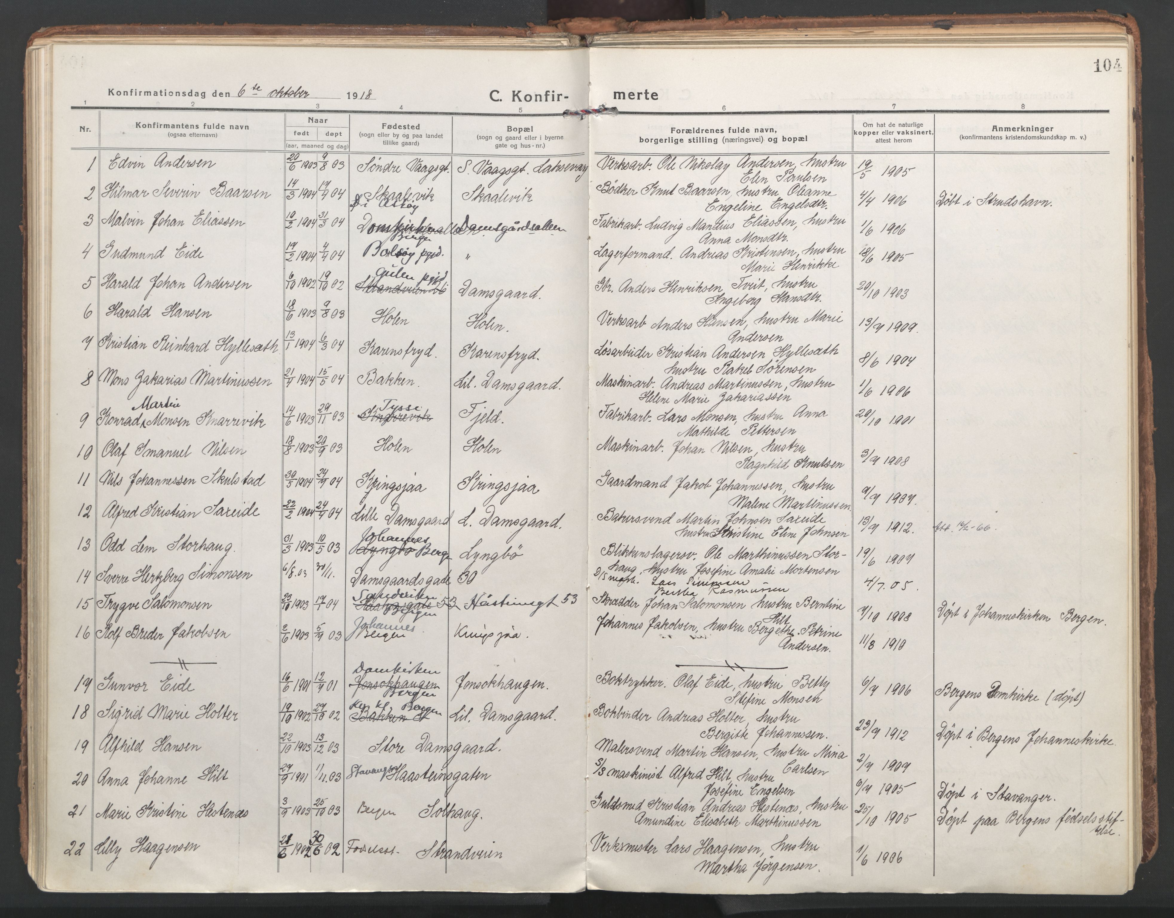 Laksevåg Sokneprestembete, AV/SAB-A-76501/H/Ha/Haa/Haaa/L0002: Parish register (official) no. A 2, 1917-1927, p. 104