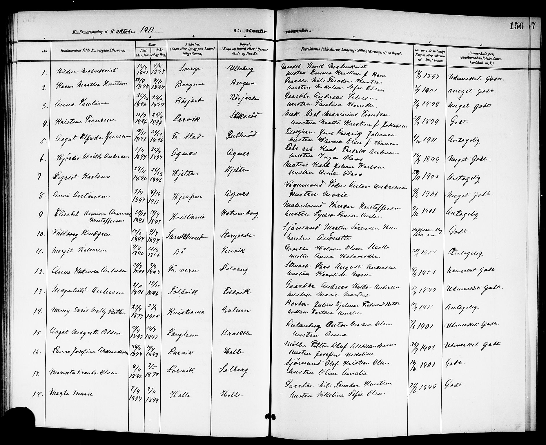 Brunlanes kirkebøker, SAKO/A-342/G/Ga/L0004: Parish register (copy) no. I 4, 1898-1921, p. 156