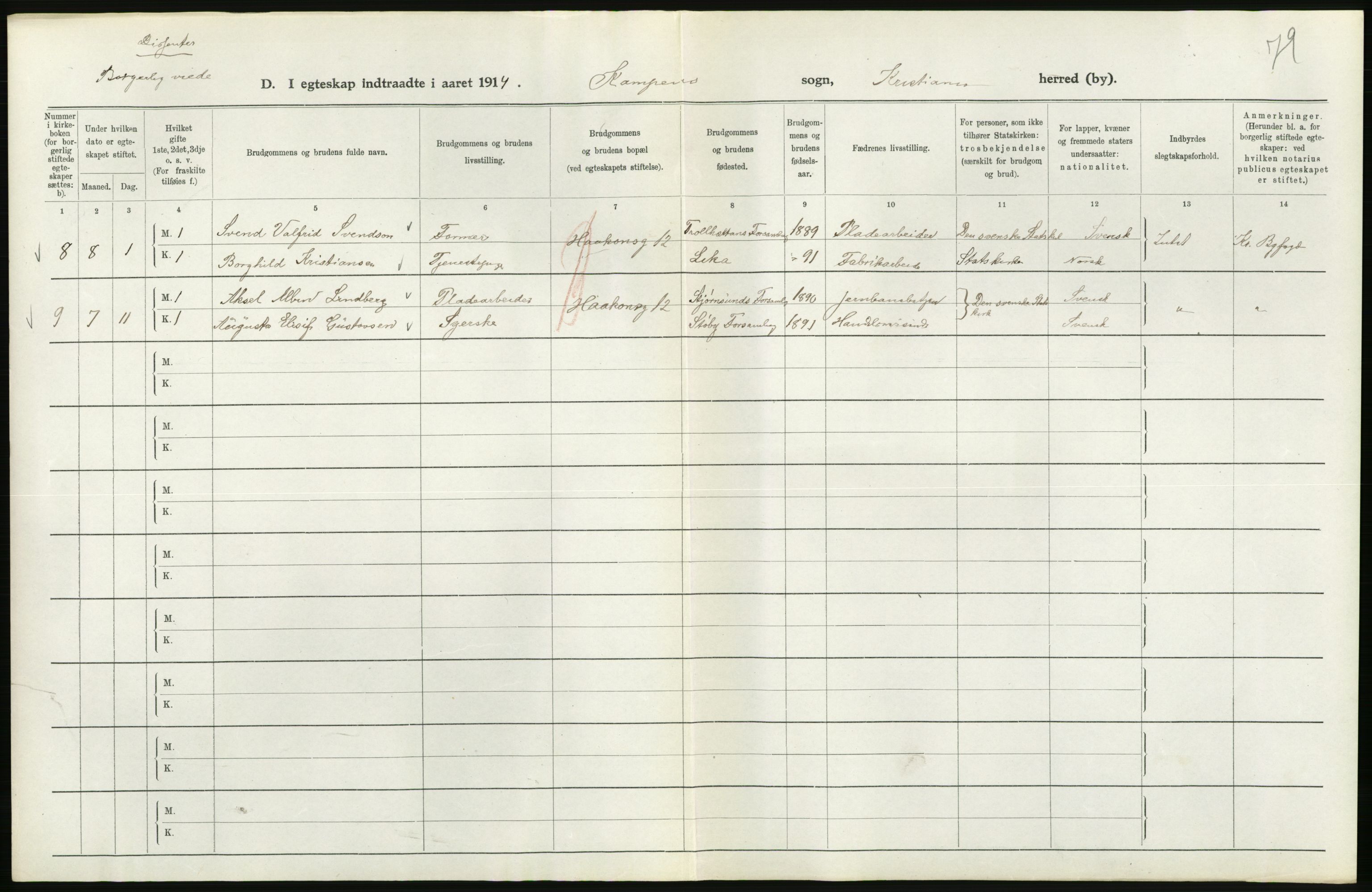 Statistisk sentralbyrå, Sosiodemografiske emner, Befolkning, AV/RA-S-2228/D/Df/Dfb/Dfbd/L0007: Kristiania: Gifte, 1914, p. 258