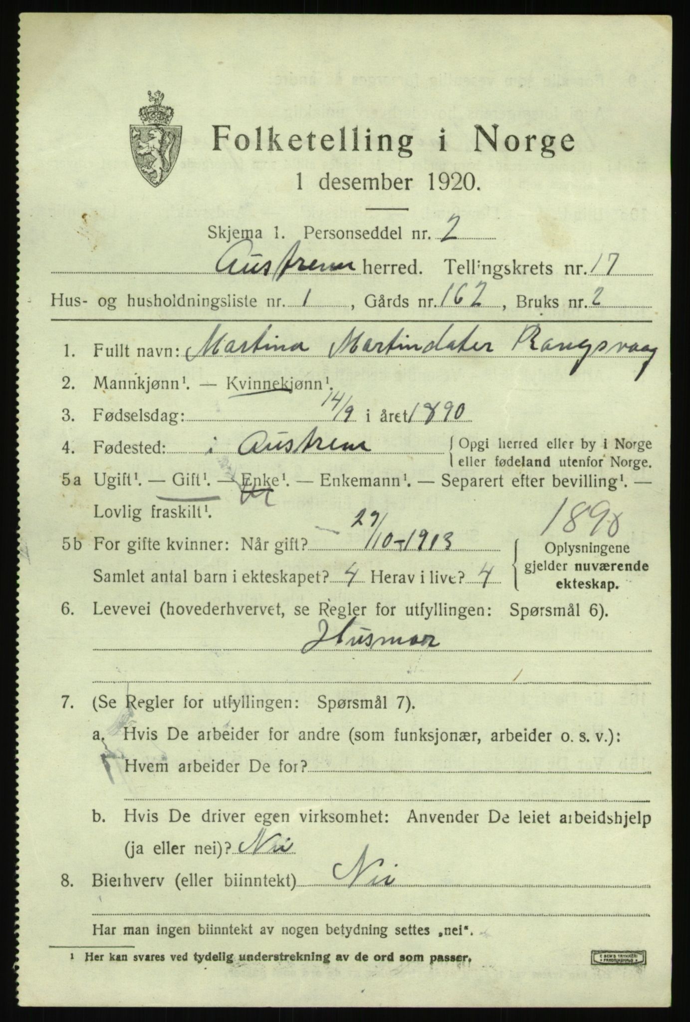 SAB, 1920 census for Austrheim, 1920, p. 5414