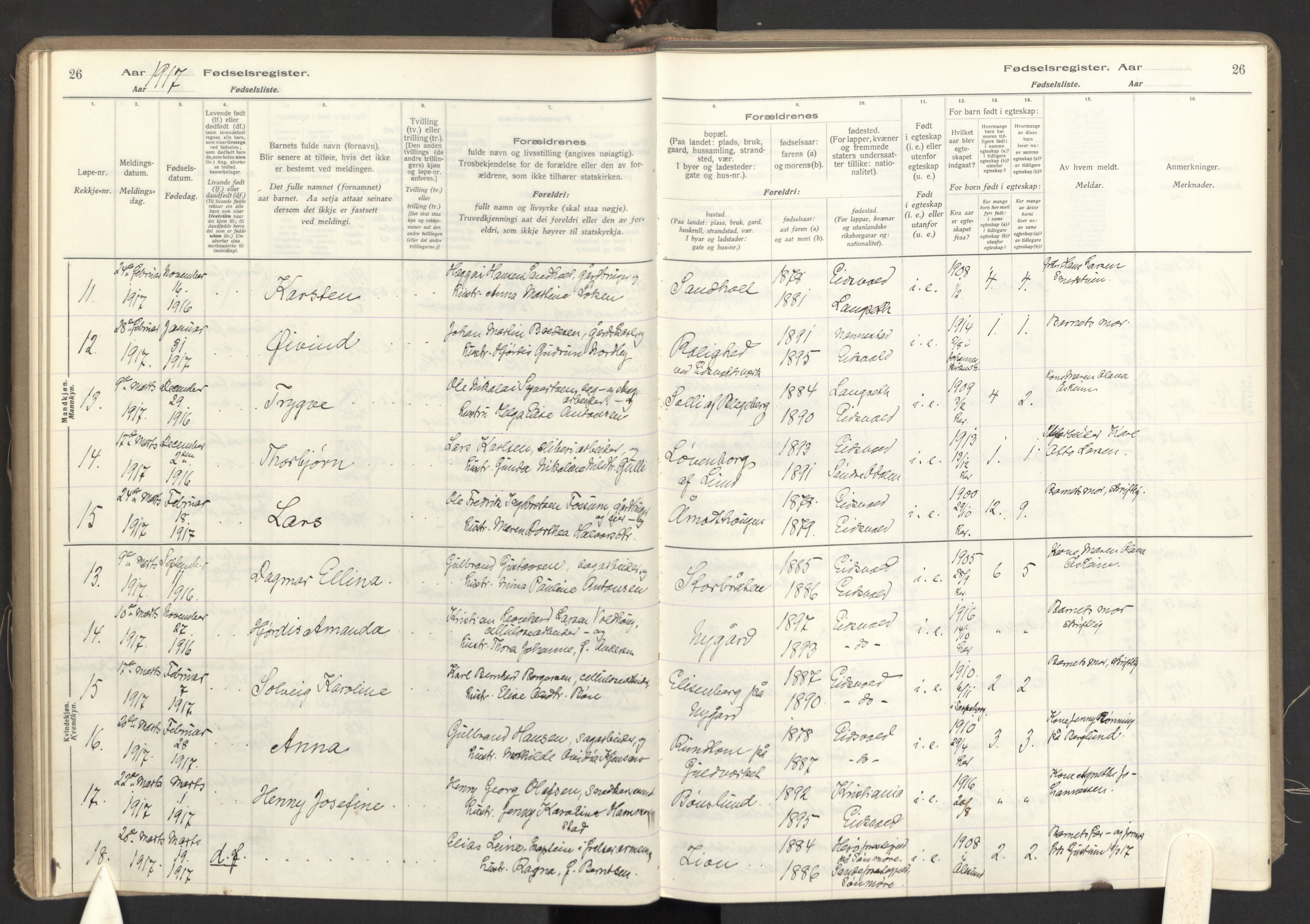 Eidsvoll prestekontor Kirkebøker, AV/SAO-A-10888/J/Ja/L0001: Birth register no. I 1, 1916-1924, p. 26