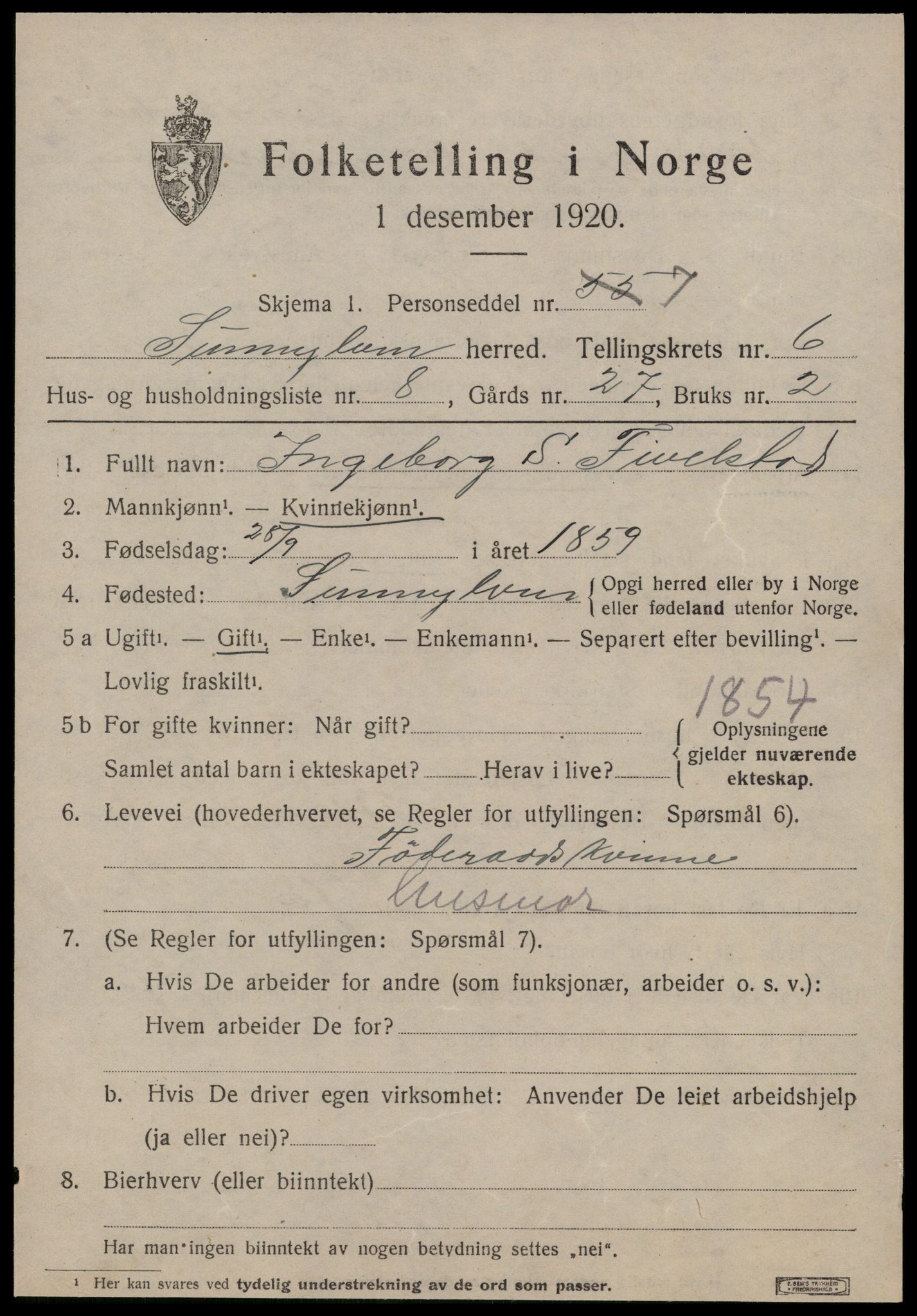 SAT, 1920 census for Sunnylven, 1920, p. 2534