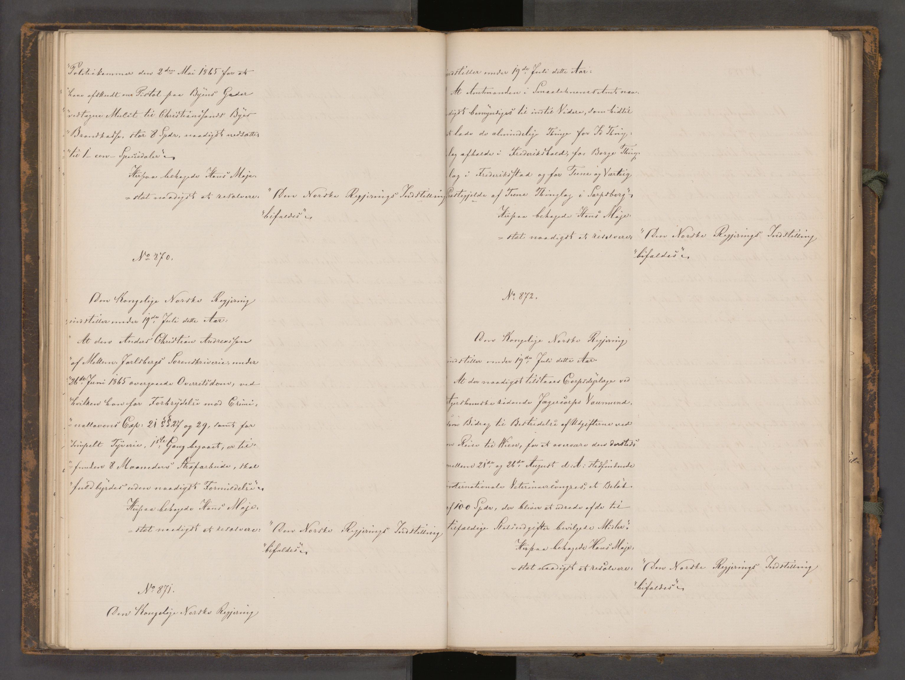 Statsrådssekretariatet, AV/RA-S-1001/A/Ab/L0104: Kgl. res. nr. 724-1001b, 2. halvår, 1865