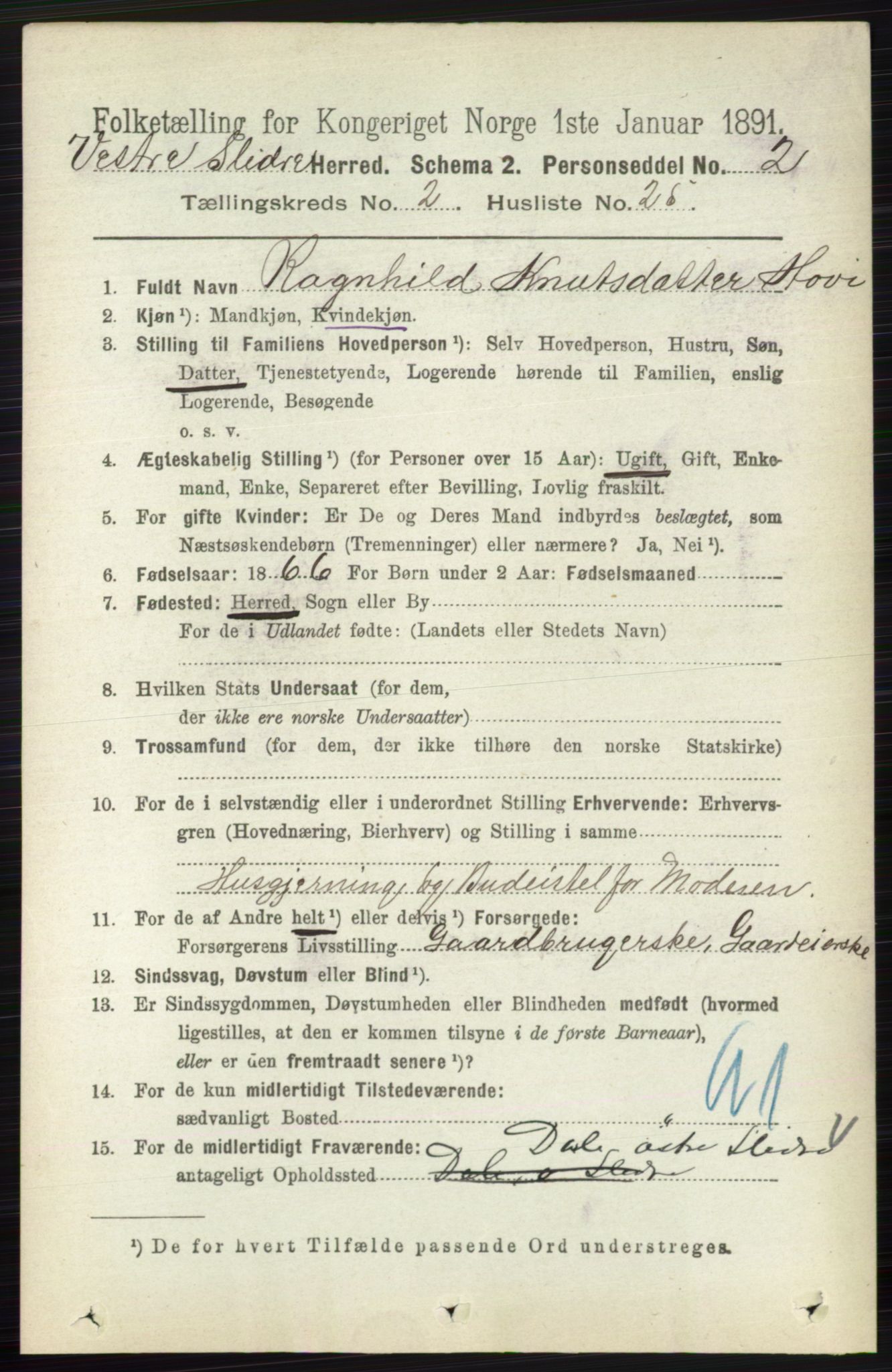 RA, 1891 census for 0543 Vestre Slidre, 1891, p. 660