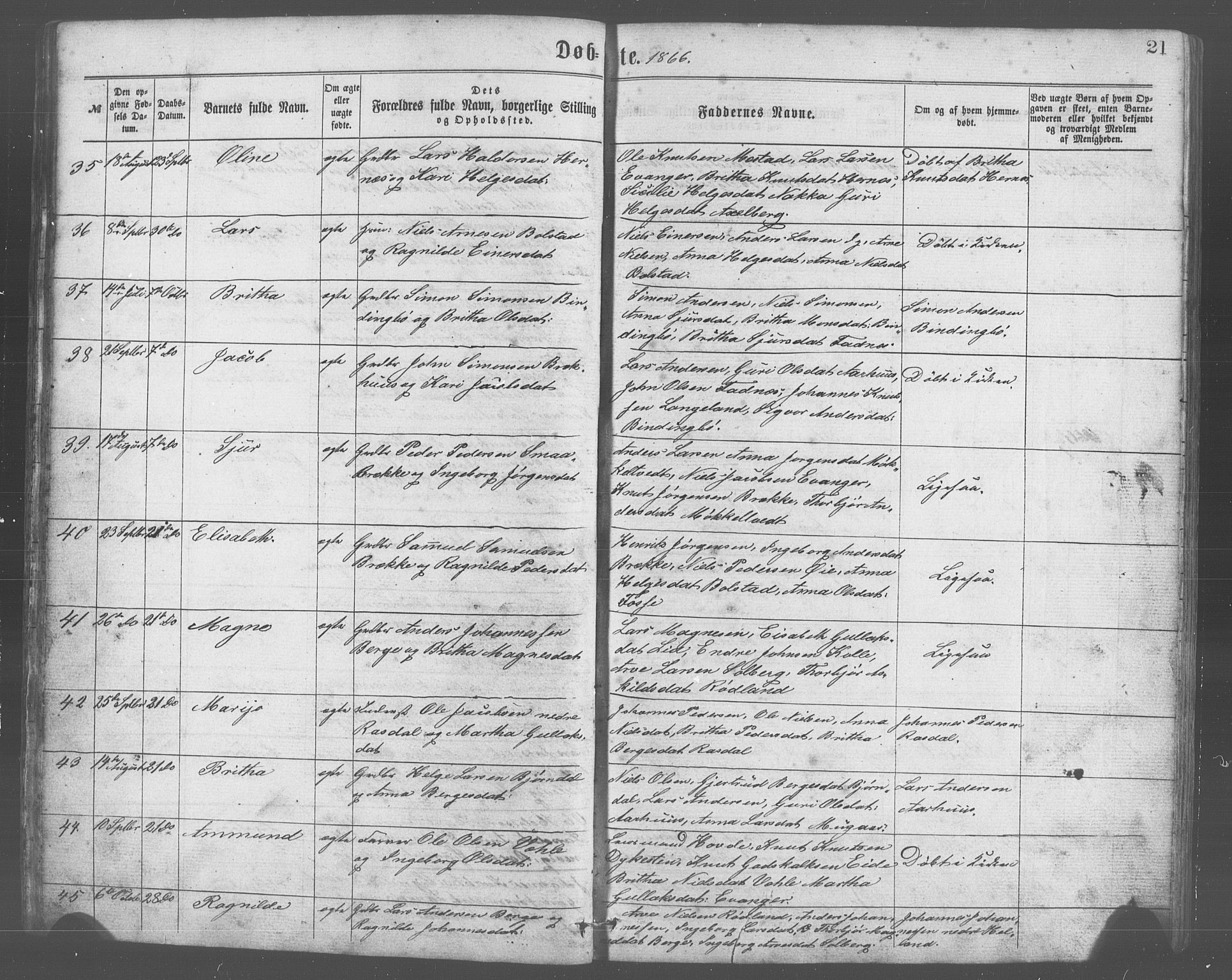 Evanger sokneprestembete, SAB/A-99924: Parish register (copy) no. A 2, 1863-1879, p. 21