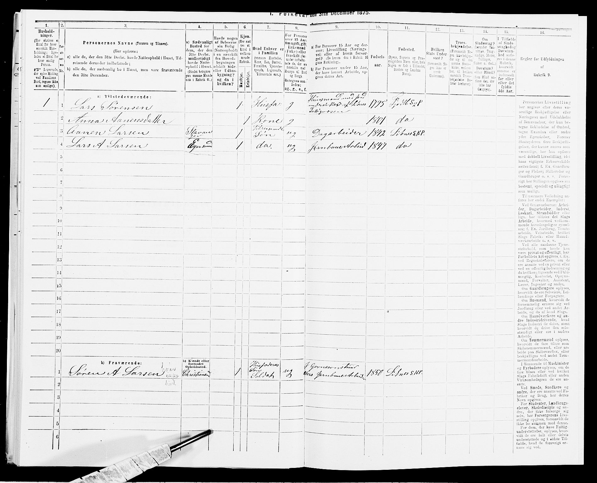 SAK, 1875 census for 1037P Kvinesdal, 1875, p. 1225