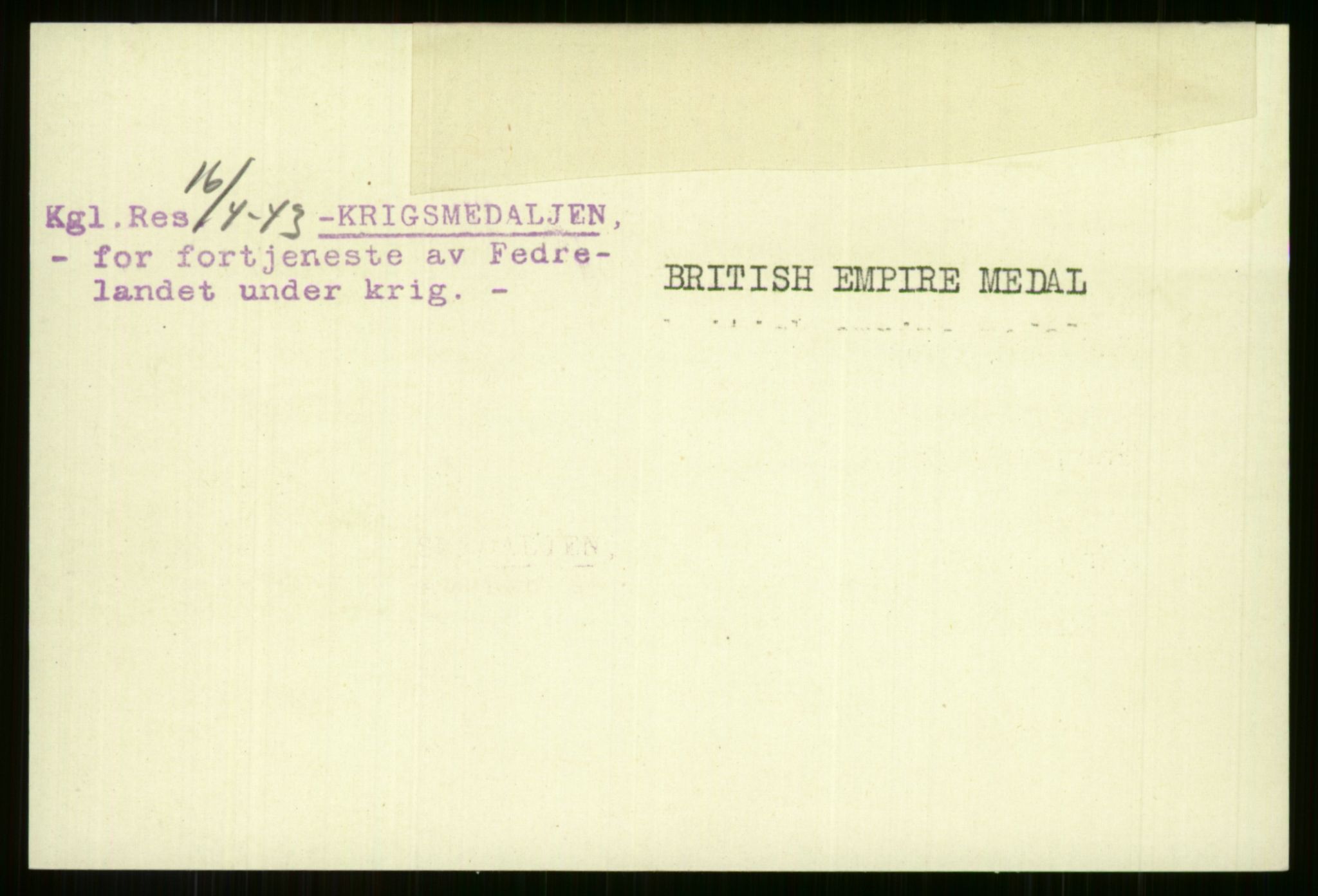 Direktoratet for sjømenn, AV/RA-S-3545/G/Gi/L0009: Kartotek over krigsdekorasjoner tildelt nordmenn under krigen, 1940-1945, p. 978