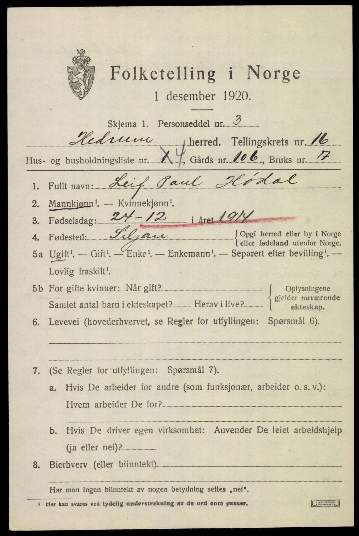 SAKO, 1920 census for Hedrum, 1920, p. 10277