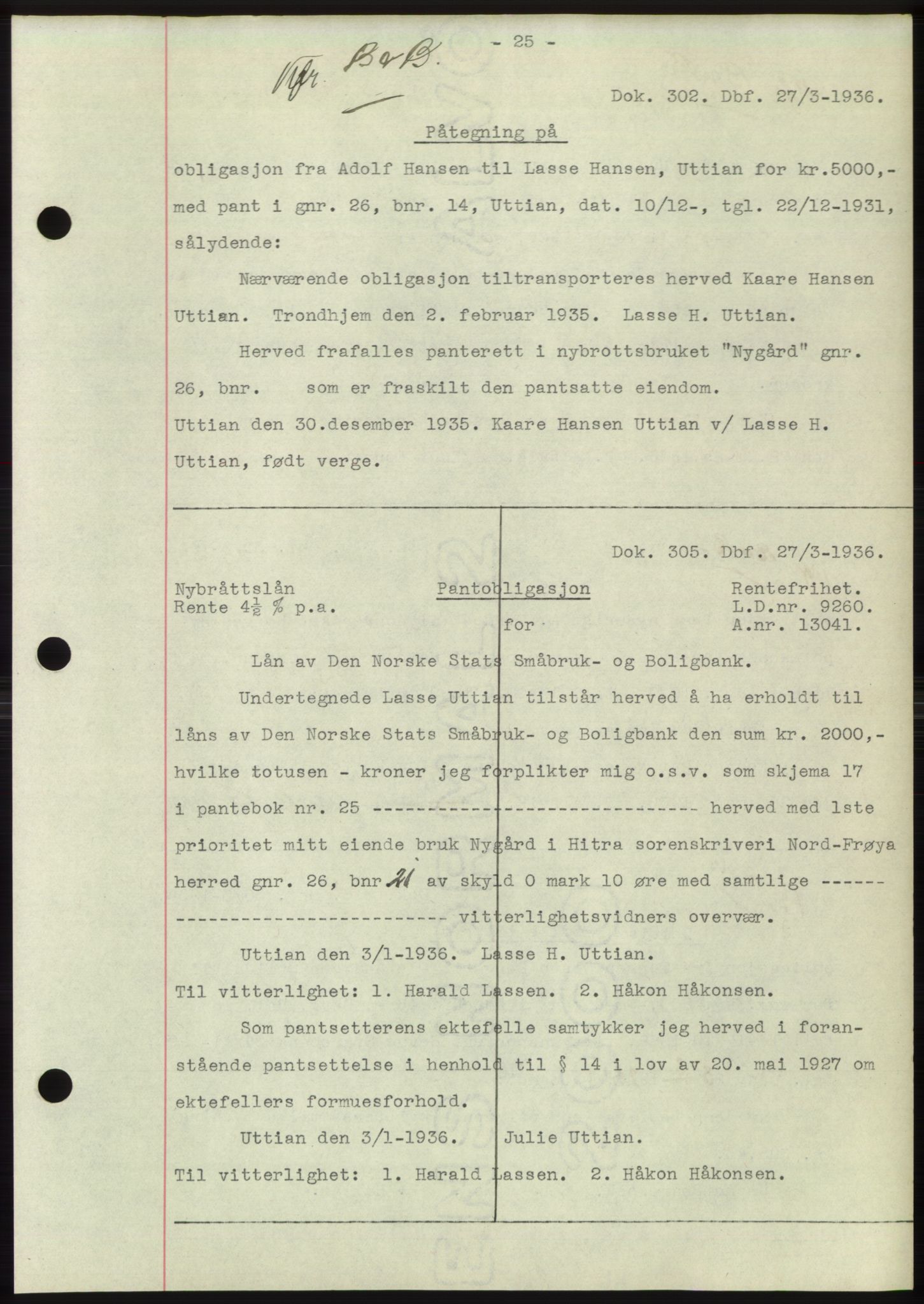 Hitra sorenskriveri, AV/SAT-A-0018/2/2C/2Ca: Mortgage book no. C1, 1936-1945, Diary no: : 302/1936