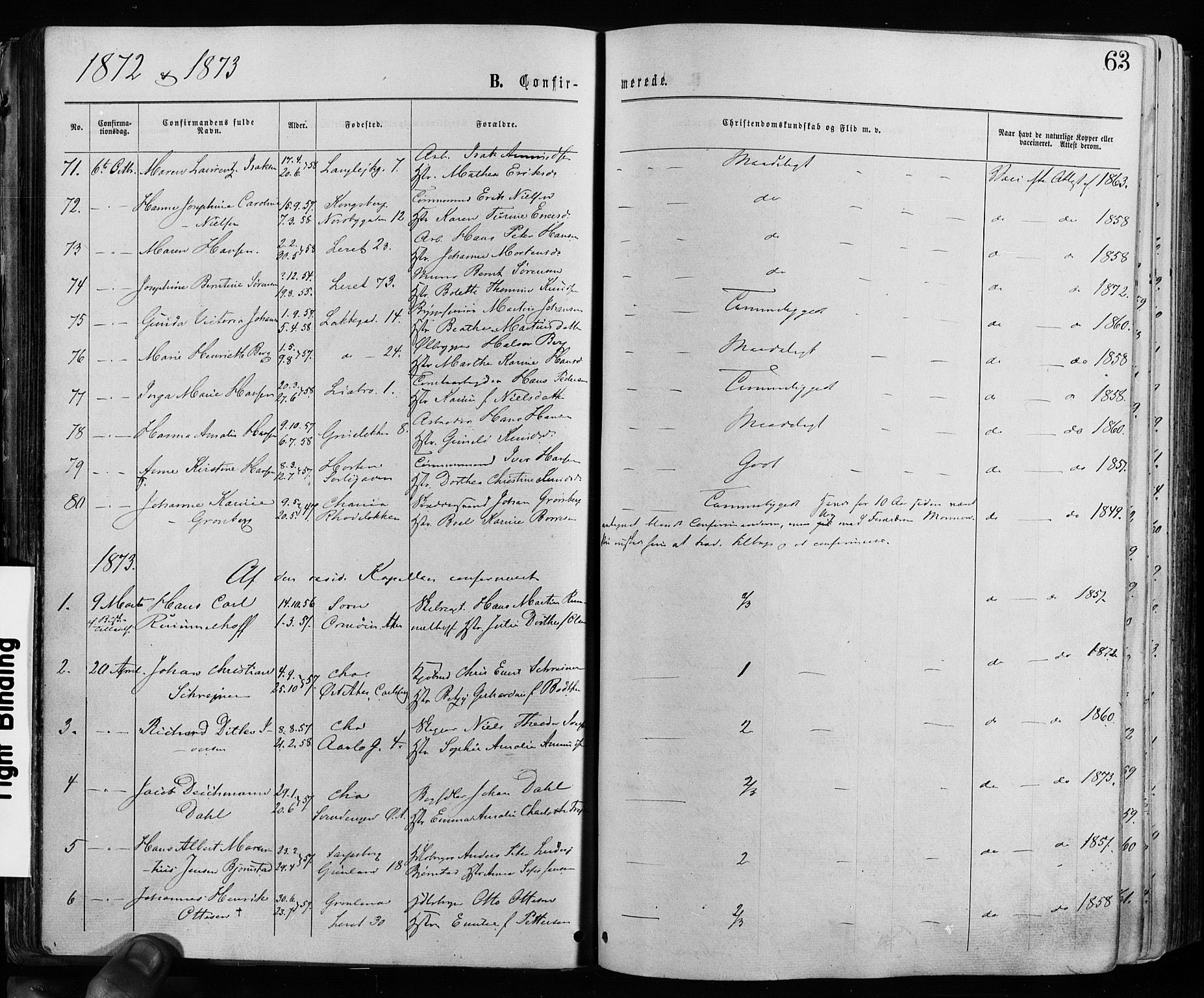 Grønland prestekontor Kirkebøker, AV/SAO-A-10848/F/Fa/L0005: Parish register (official) no. 5, 1869-1880, p. 63