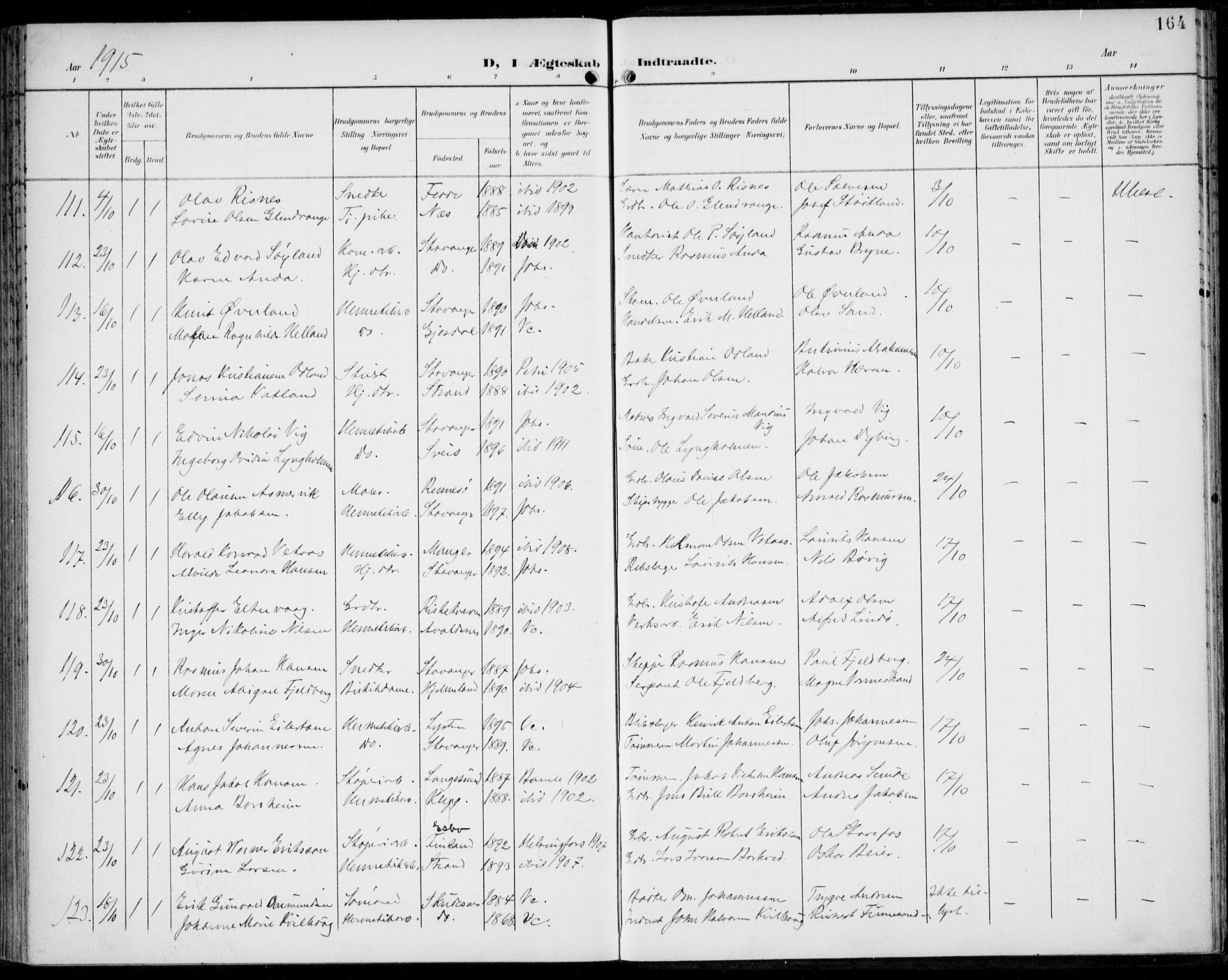St. Johannes sokneprestkontor, SAST/A-101814/002/B/L0001: Parish register (official) no. A 8, 1899-1917, p. 164