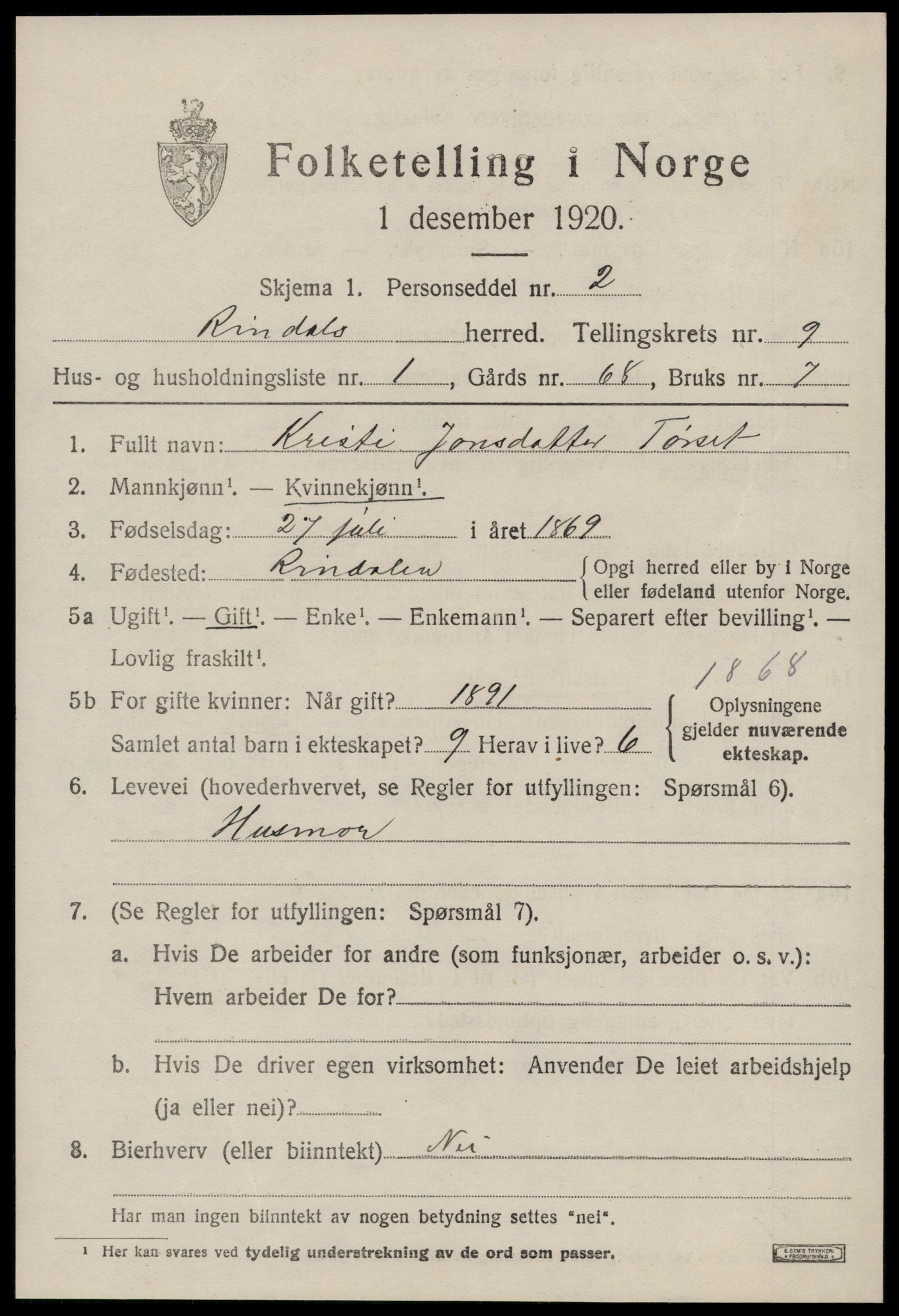 SAT, 1920 census for Rindal, 1920, p. 4532