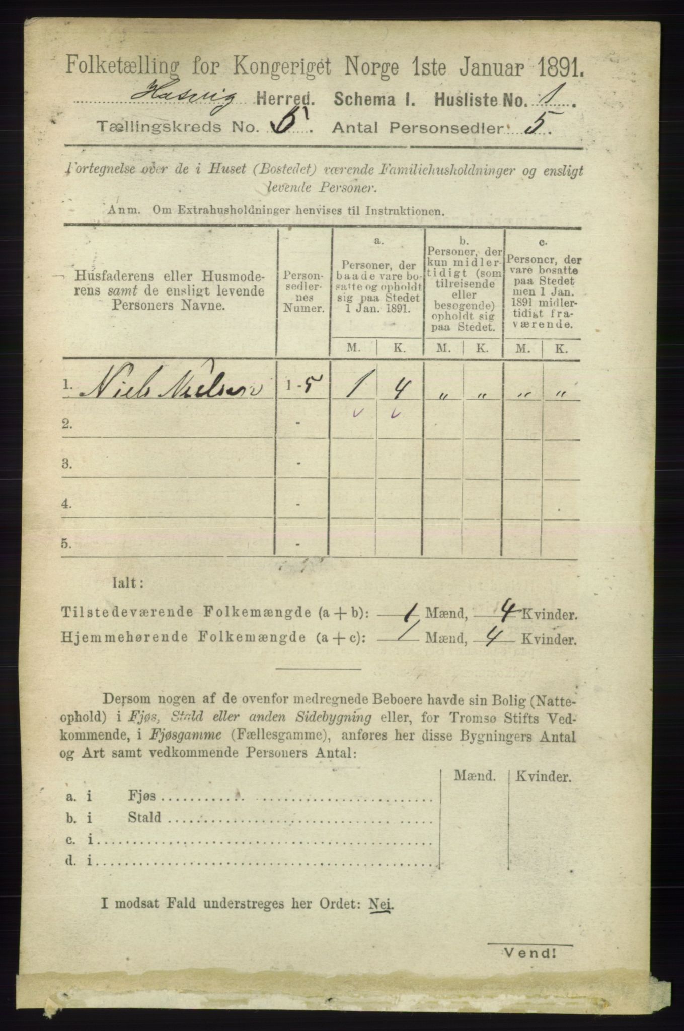 RA, 1891 census for 2015 Hasvik, 1891, p. 604