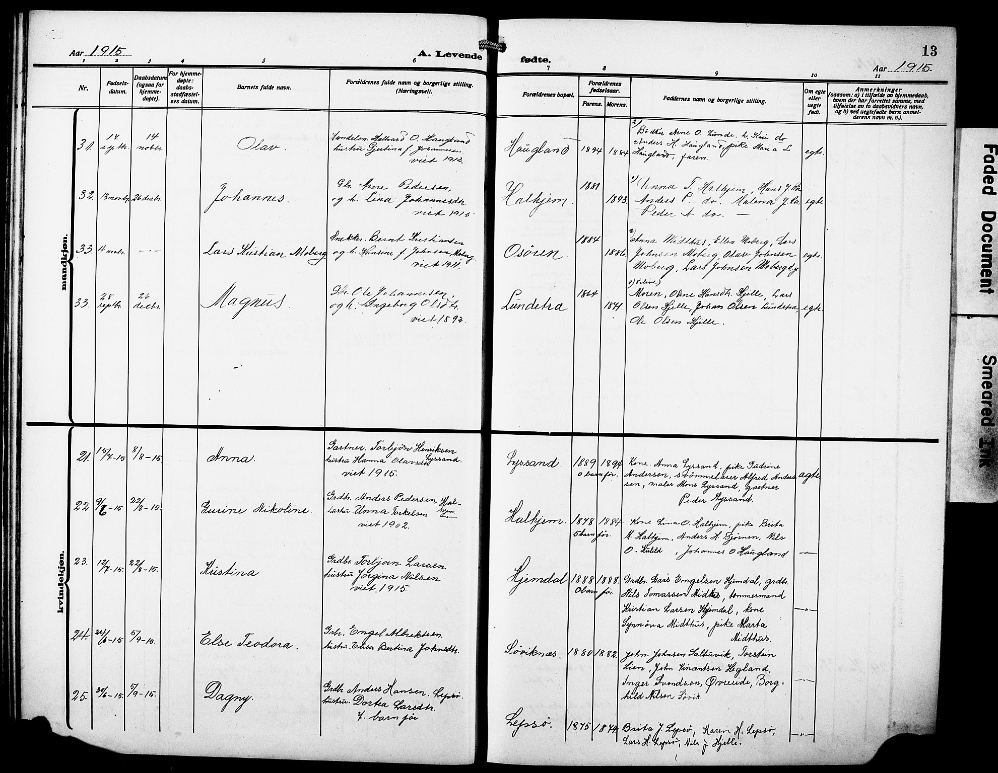 Os sokneprestembete, AV/SAB-A-99929: Parish register (copy) no. A 4, 1914-1923, p. 13