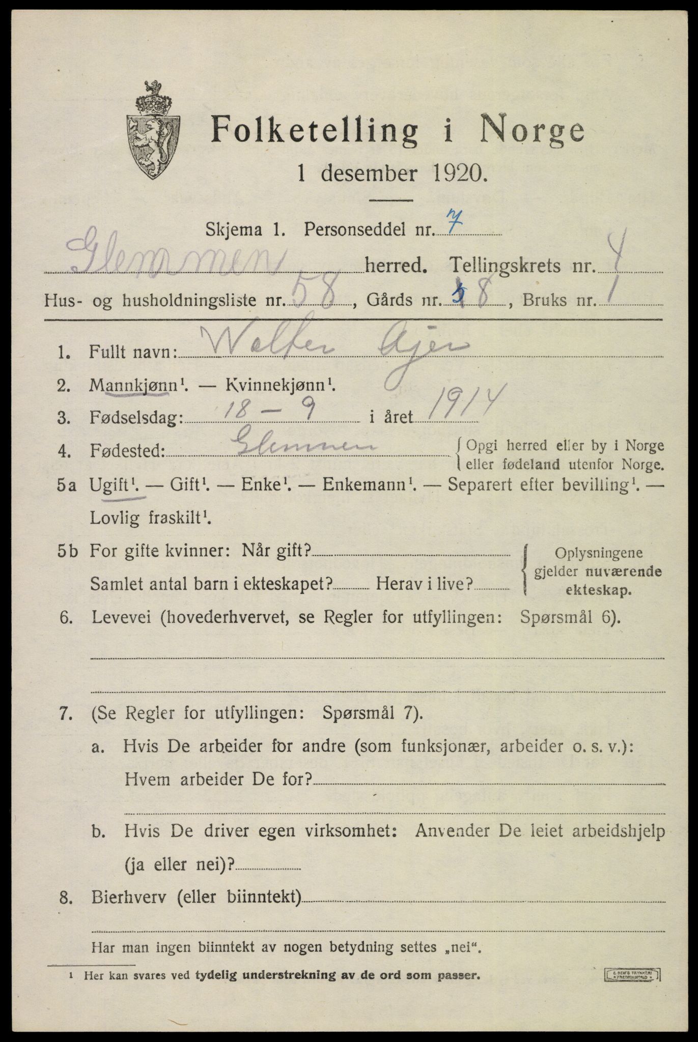 SAO, 1920 census for Glemmen, 1920, p. 16079
