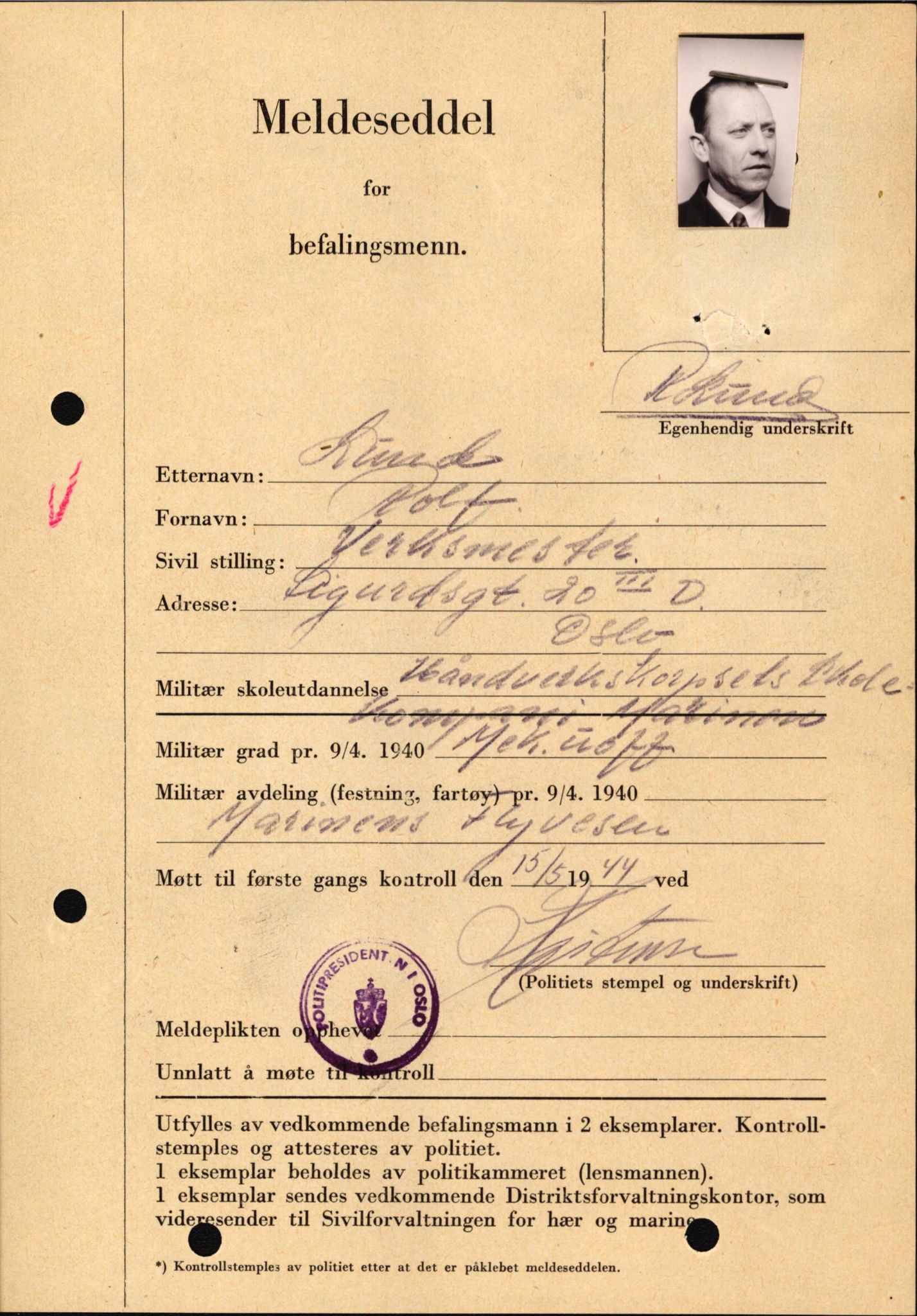 Forsvaret, Forsvarets krigshistoriske avdeling, AV/RA-RAFA-2017/Y/Yf/L0209: II-C-11-2121  -  Okkupasjonstiden.  Meldesedler for befal med foto og oppl. om militær grad 9. apr. 1940., 1944-1945, p. 123